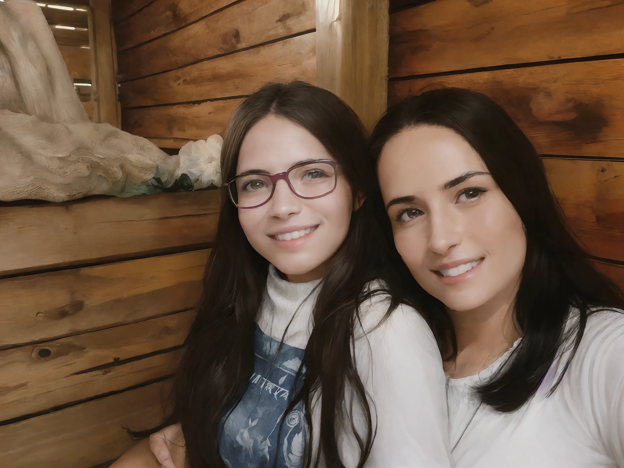 There are two women who are sitting next to each other, imagem de perfil, imagem do avatar, holiday photography, imagem interna, fotografia do perfil, fotografia de perfil, fotografia de perfil, Foto realista, uma imagem, Directed by: Nandor Soldier, not cropped, imagem antiga, fotografia do snapchat, fotografia, imagem de qualidade muito baixa, fotografia modo retrato, divertindo-se