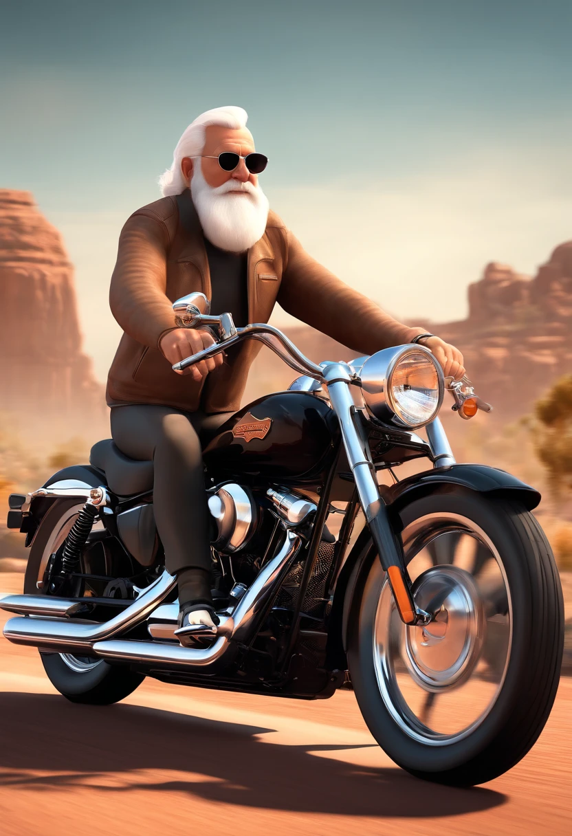 (best quality,3D rendering:1.2),Elderly black haired and bearded with glasses riding a Harley Davidson 883,Disney Pixar Style Poster, motocicleta, 3 d illustration, cores vibrantes, aventura, Viagem, dynamic pose, arousal, Youthful spirit, velocidade, vento soprando, Detailed rendering, mostrar a sabedoria e a energia do personagem, nostalgic atmosphere