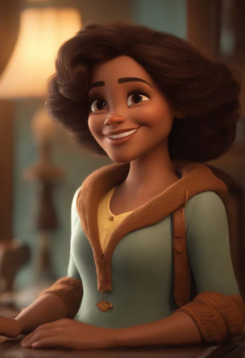 Imagem estilo Pixar com personagem 3D mulato mulher cabelo cacheado longo  castanho claro com luzes loira, gordinha Maquiagem Disney, bonitinha sorridente, usa um colar pequeno e usa brincos de prata. ela tem algumas sarnas no rosto nariz e bochechas.