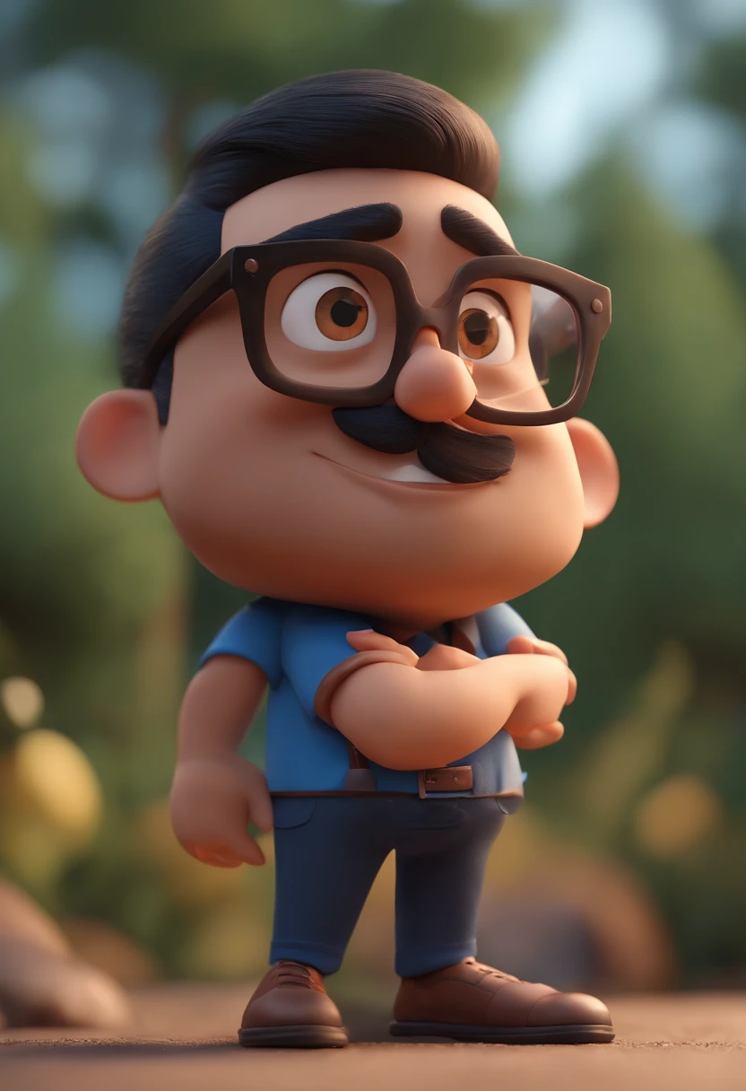Cartoon character of a man wearing black glasses and a blue shirt, um personagem animado, Caractere estilizado, animation style rendering, 3D estilizado, Arnold Maya render, 3 d render stylized, toon render keyshot, Personagem 3D, Personagem 3D, 3d rendering stylized, 3 d character render, personagem de desenho animado, Personagem de close up, Pose de personagem, (Estilo Pixar) (master part:1.2) (Bokeh) (best quality) (pele detalhada) (textura detalhada) (8k) (argila) (Cinematic lighting) (foco nítido，Senta e vaza a parte superior do corpo
