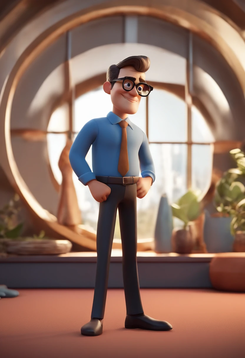 Cartoon character of a man wearing black glasses and a blue shirt, um personagem animado, Caractere estilizado, animation style rendering, 3D estilizado, Arnold Maya render, 3 d render stylized, toon render keyshot, Personagem 3D, Personagem 3D, 3d rendering stylized, 3 d character render, personagem de desenho animado, Personagem de close up, Pose de personagem, (Estilo Pixar) (master part:1.2) (Bokeh) (best quality) (pele detalhada) (textura detalhada) (8k) (argila) (Cinematic lighting) (foco nítido，Senta e vaza a parte superior do corpo