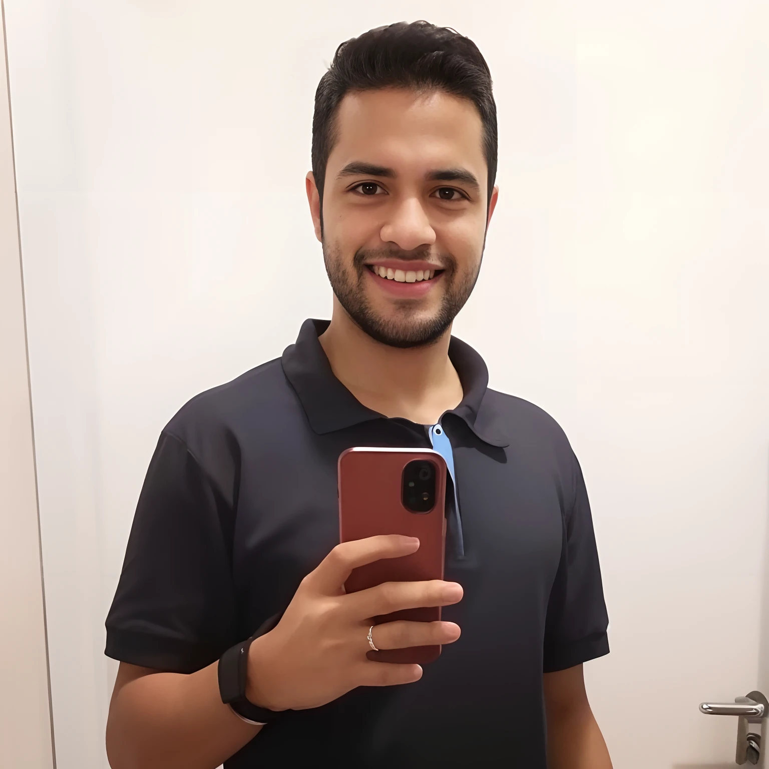 Homem de Arafed tirando uma selfie em um espelho de banheiro, Fotografia selfie 8k, caio santos, com uma barba pequena, selfie de um homem, iphone selfie, Directed by: Nandor Soldier, happily smiling at the camera, inspired by Antônio Parreiras, Alex, he is holding a smartphone, com um lindo sorriso