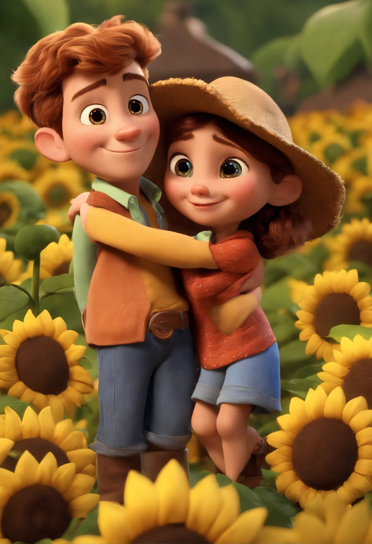 Create a Disney PIXAR-style 3D poster. ((centro da imagem)), ((2 children)) ((2 meninos, They're hugging each other, um menino tem pele castanha e cabelos castanhos escuros e olhos castanhos escuros, outro menino tem pele clara, olhos castanhos e cabelos claro e liso)) ((tudo isso no estilo Disney PIXAR 3D, In the background, A house of sunflowers, Gloria Studio, The garden is full of nature 3D render RTX clay material, estilo de design cartunesco, POP Mart, soft lighting, linhas suaves, Spring tilt, Detailed illustrations of PIXAR 3D, Detalhes hiper-realistas, cor quente no estilo Disney PIXAR 3D))