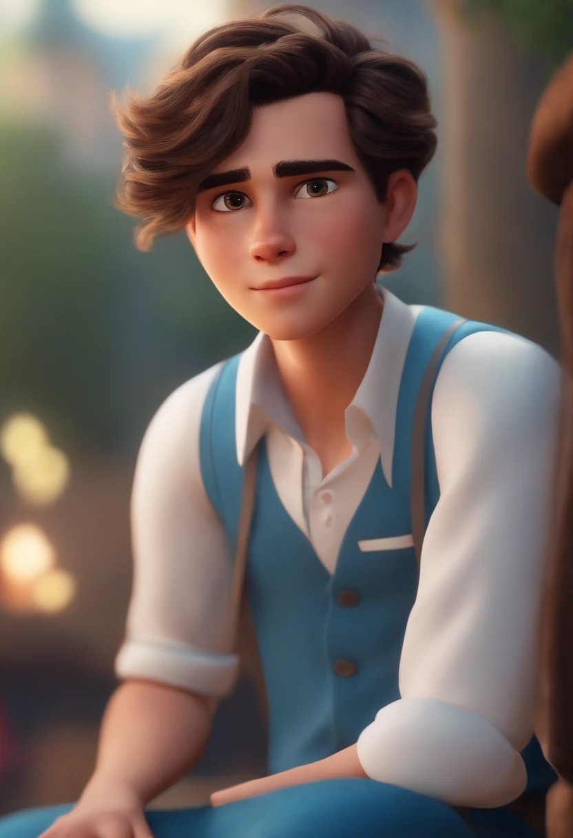 Menino 17 anos estilo desenho animado, Pixar, cabelo cacheado, segurando uma aisoft, roupa azul, sorrindo