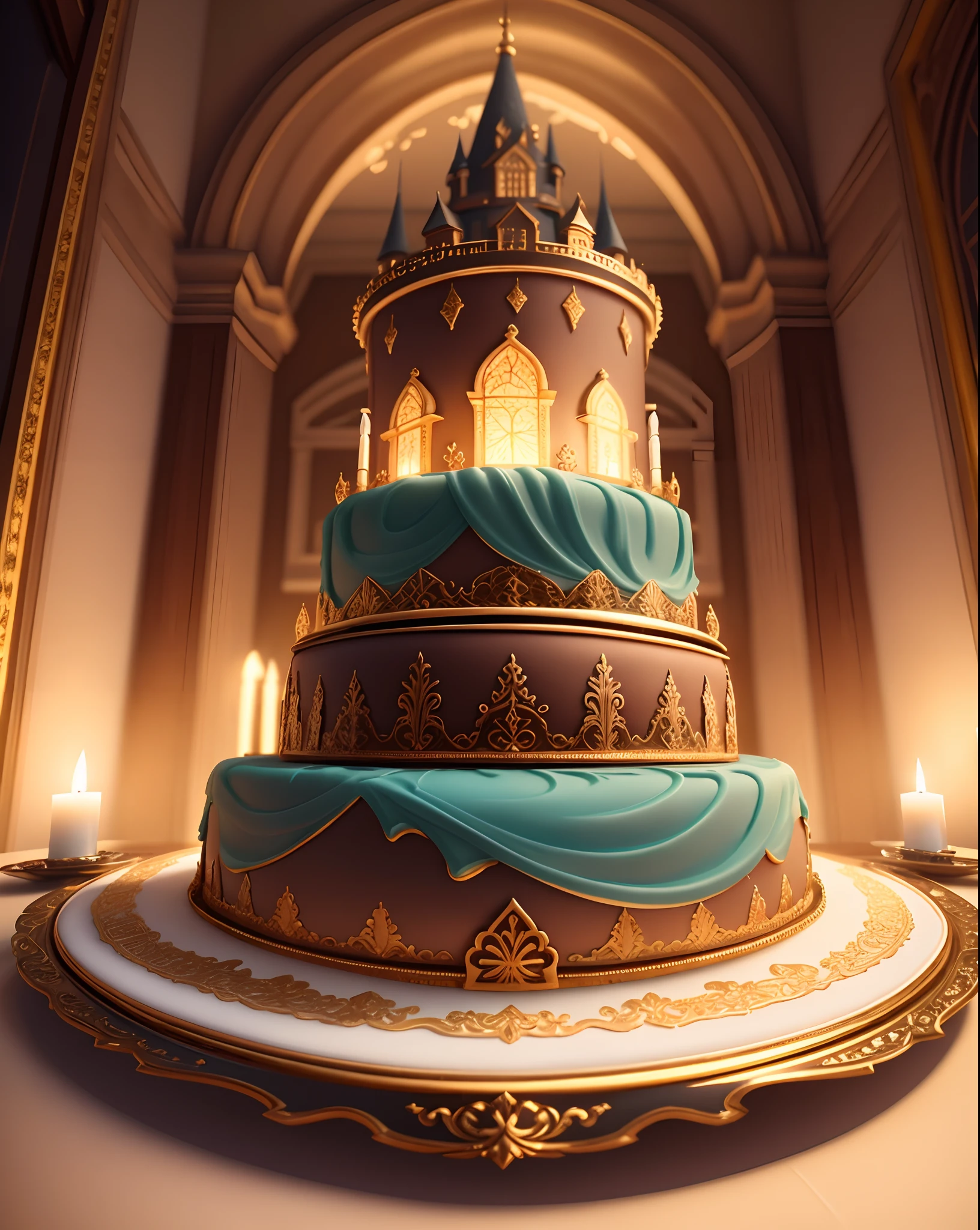 There is a large cake in the shape of a castle,There are a lot of different ingredients on it, A few colorful candles on the cake,There are exquisite sweets and chocolates nearby,Fine cream,detailed flowers,Vivid colors,Sharp focus,Ultra-detailed,A masterpiece of art,professional,rich deep color,Intricate details,Attractive lighting,astrophotography,framed,Centered,symetry,fantasy bakery, Fantasy art Behance, cake art, 3d magical details, Stylized 3 D, 4k highly detailed digital art, 3 d epic illustrations, 4 K detail fantasy, 3 d render stylized, 8K high quality detailed art, fairytale artwork, trend on behance 3 d art