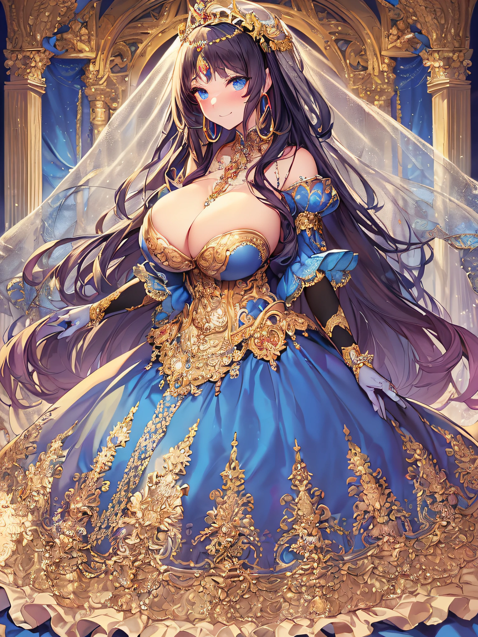 ((Anime Art Style)),((masutepiece,Best Quality,Super Detail,Very delicate and beautiful)),((Full body portrait)),((Solo)),(((One princess in Gorgeous embroidery and jeweled extremely gorgeous rococo ballgown with voluminous full length hoop skirt))),(Crinoline hoop skirt),(((very gigantic boobs,Skindentation))),((extremely voluminous Very Long Straight Hair)),(finely detailed face and eyes),(Seductive smile,embarrassed),extremely gorgeousfull hair ornament,very gorgeous tiara adorned with bling-bling jewels,Glitter Gorgeous Gemstone Jewelry,Gorgeous Long Veil,opera gloves,(Beautiful background),(Full body),((Gorgeous embroidery and jeweled extremely gorgeous rococo ballgown with voluminous full length hoop skirt))