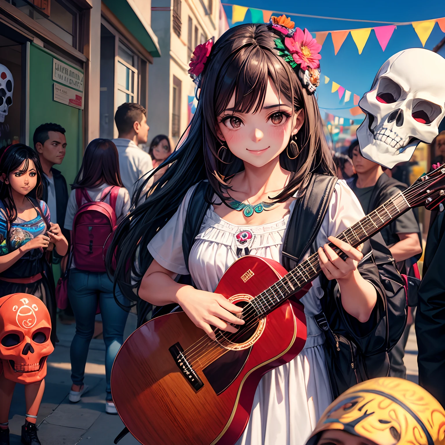 ILustracao no estilo anime, Mexican brunette woman smiling in Mexico village with backpack arriving for party Dia De Los Muertos with Bodý Paint Skull face Santa Muerte painted as skull, We see Mariate musicians playing guitar in the streets crowded with people with Dia de los Muertos decorations