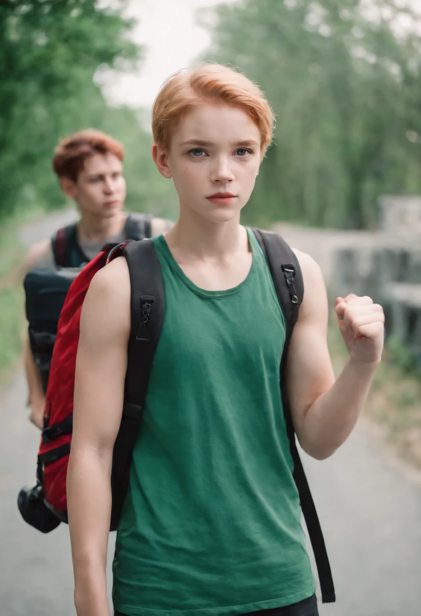 Boy with short blonde hair with red eyes with black amisa with red backpack strap holding the fist of a red-haired girl with two long braids and many freckles in a green tank top with a knife in his hand with dark colored backpack facing him looking back