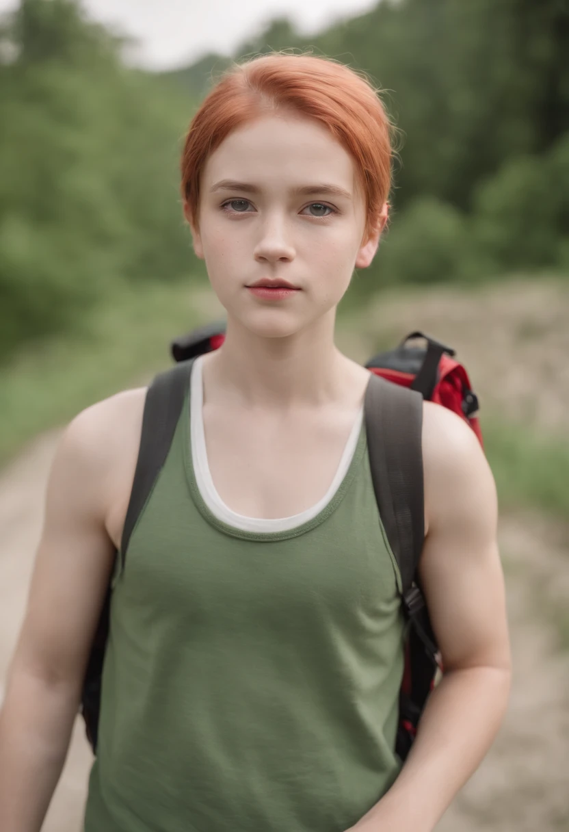 Boy with short blonde hair with red eyes with black amisa with red backpack strap holding the fist of a red-haired girl with two long braids and many freckles in a green tank top with a knife in his hand with dark colored backpack facing him looking back