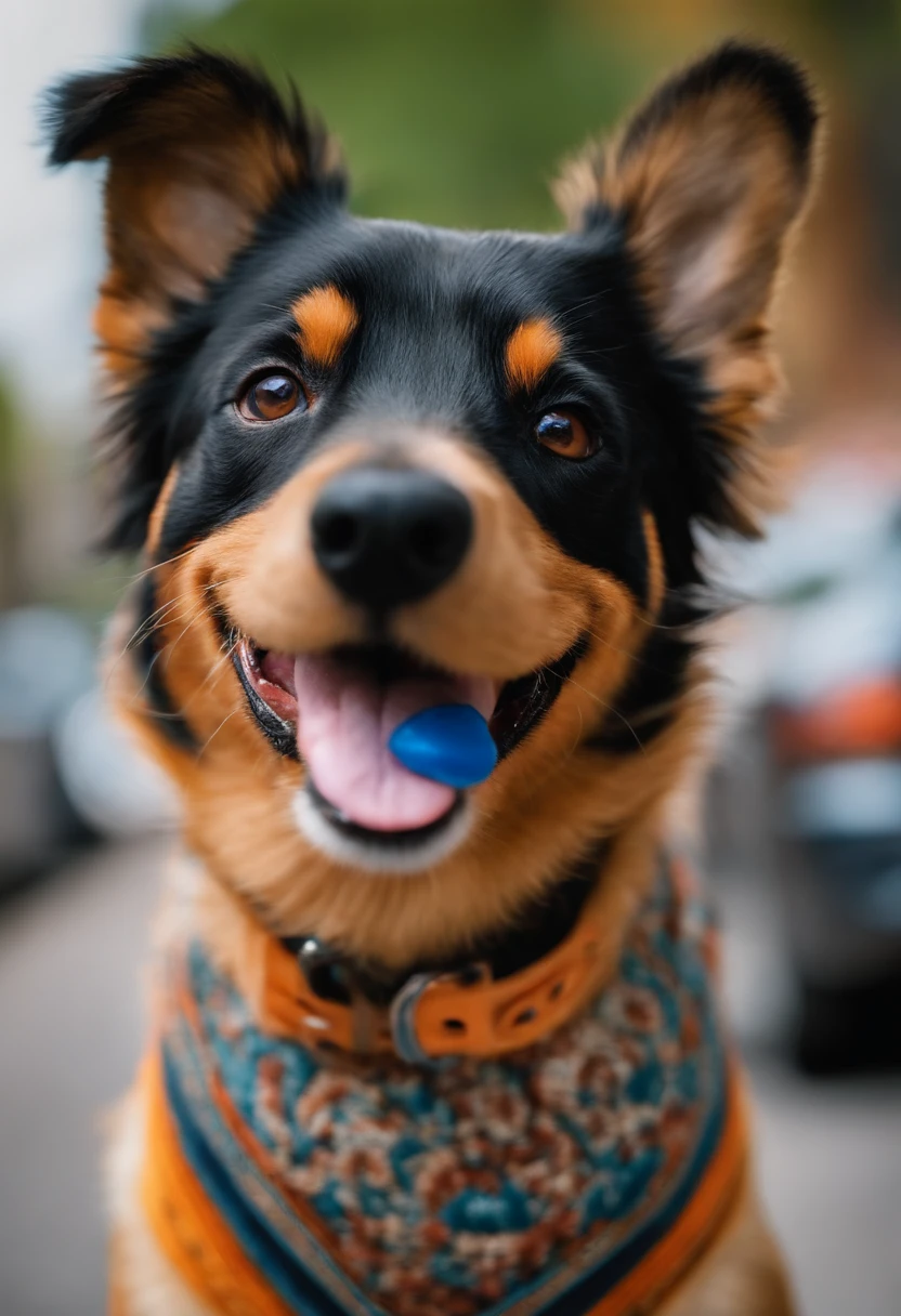 There's a dog in a Pixar or Disney-style neighborhood, cara boa, Nice face, um colorido, muito ligeiramente sorridente, um alambique de um feliz, peludo bonito precisa de sua ajuda, um colorido, caixa, happily smiling at the camera, cara amiga calorosa, Detalhes altos!, happy dog, muito feliz, muito bonito, friendly face, Looking towards the camera