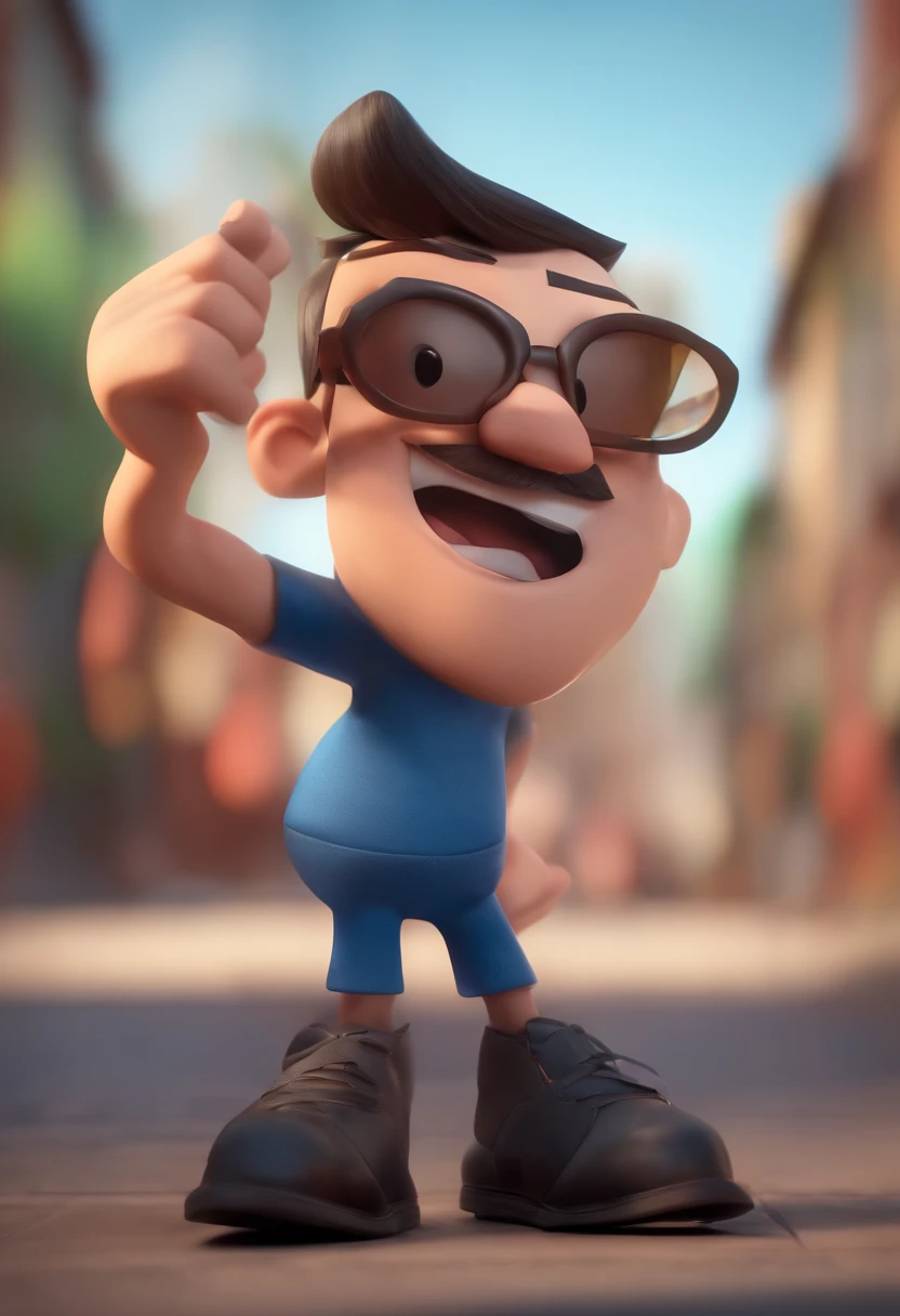 Cartoon character of a man wearing black glasses and a blue shirt, um personagem animado, Caractere estilizado, animation style rendering, 3D estilizado, Arnold Maya render, 3 d render stylized, toon render keyshot, Personagem 3D, Personagem 3D, 3d rendering stylized, 3 d character render, personagem de desenho animado, Personagem de close up, Pose de personagem, (Estilo Pixar) (master part:1.2) (Bokeh) (best quality) (pele detalhada) (textura detalhada) (8k) (argila) (Cinematic lighting) (foco nítido,Senta e vaza a parte superior do corpo