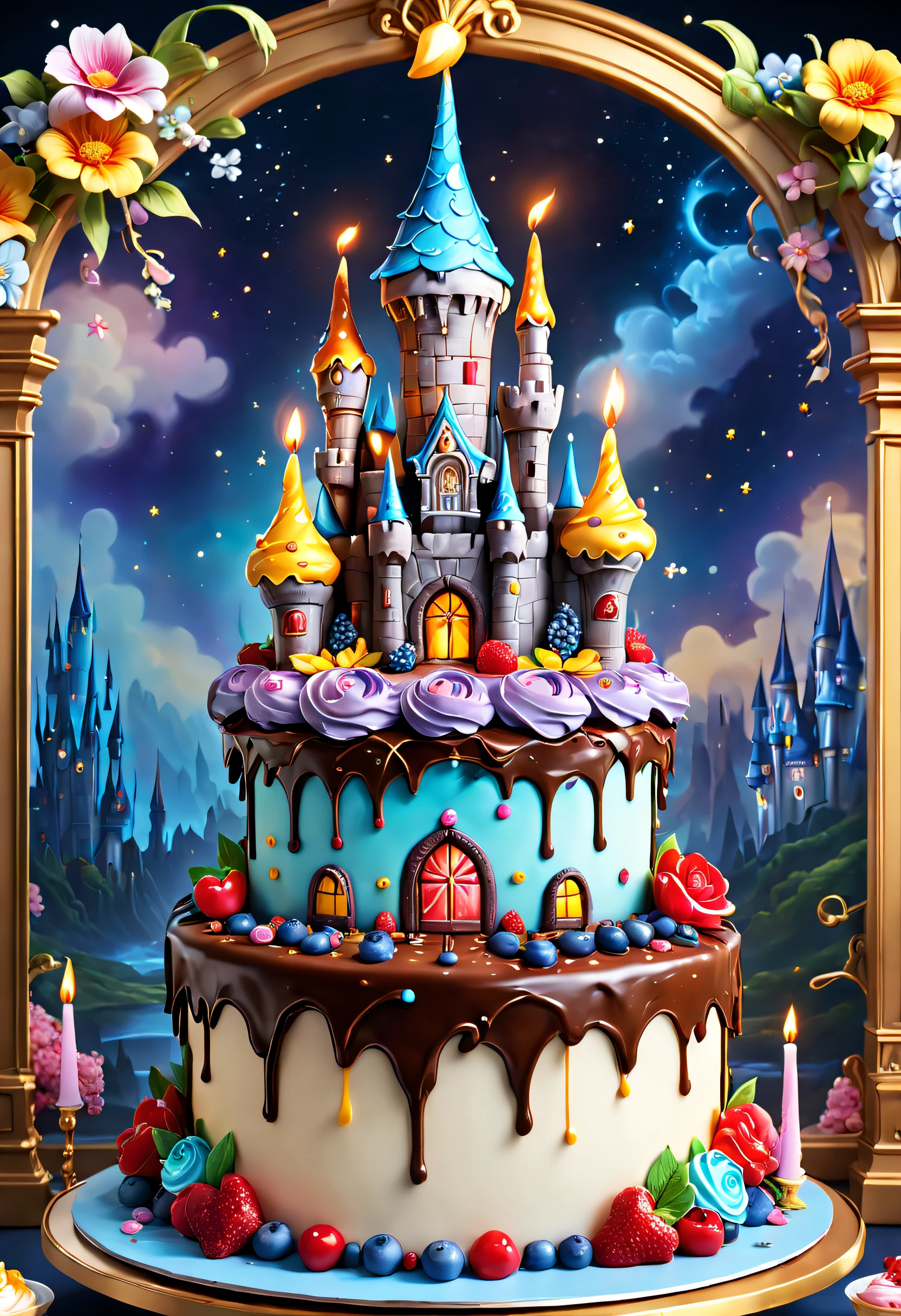 There is a large cake in the shape of a castle,There are a lot of different ingredients on it, A few colorful candles on the cake,There are exquisite sweets and chocolates nearby,Fine cream,detailed flowers,Vivid colors,Sharp focus,Ultra-detailed,A masterpiece of art,professional,rich deep color,Intricate details,Attractive lighting,astrophotography,framed,Centered,symetry,fantasy bakery, Fantasy art Behance, cake art, 3d magical details, Stylized 3 D, 4k highly detailed digital art, 3 d epic illustrations, 4 K detail fantasy, 3 d render stylized, 8K high quality detailed art, fairytale artwork, trend on behance 3 d art