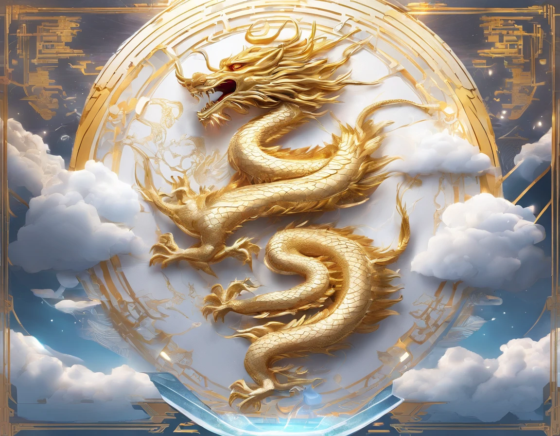 A logo、masterpiece、(white backgrounid:1)、Golden Chinese dragon surrounded by white clouds、Deities々Halo、the wind、Deities、long wavy body、tusk、The upper part of the body、Fantasia、myth、hightquality、ighly detailed、masterpiece、epic poem、Particle effect、Dynamic effects、gentle