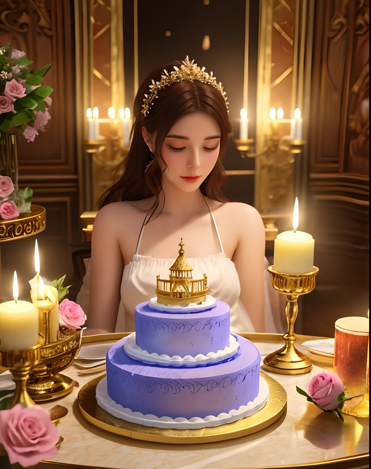 There is a large cake in the shape of a castle,There are a lot of different ingredients on it, A few colorful candles on the cake,There are exquisite sweets and chocolates nearby,Fine cream,detailed flowers,Vivid colors,Sharp focus,Ultra-detailed,A masterpiece of art,professional,rich deep color,Intricate details,Attractive lighting,astrophotography,framed,Centered,symetry,fantasy bakery, Fantasy art Behance, cake art, 3d magical details, Stylized 3 D, 4k highly detailed digital art, 3 d epic illustrations, 4 K detail fantasy, 3 d render stylized, 8K high quality detailed art, fairytale artwork, trend on behance 3 d art