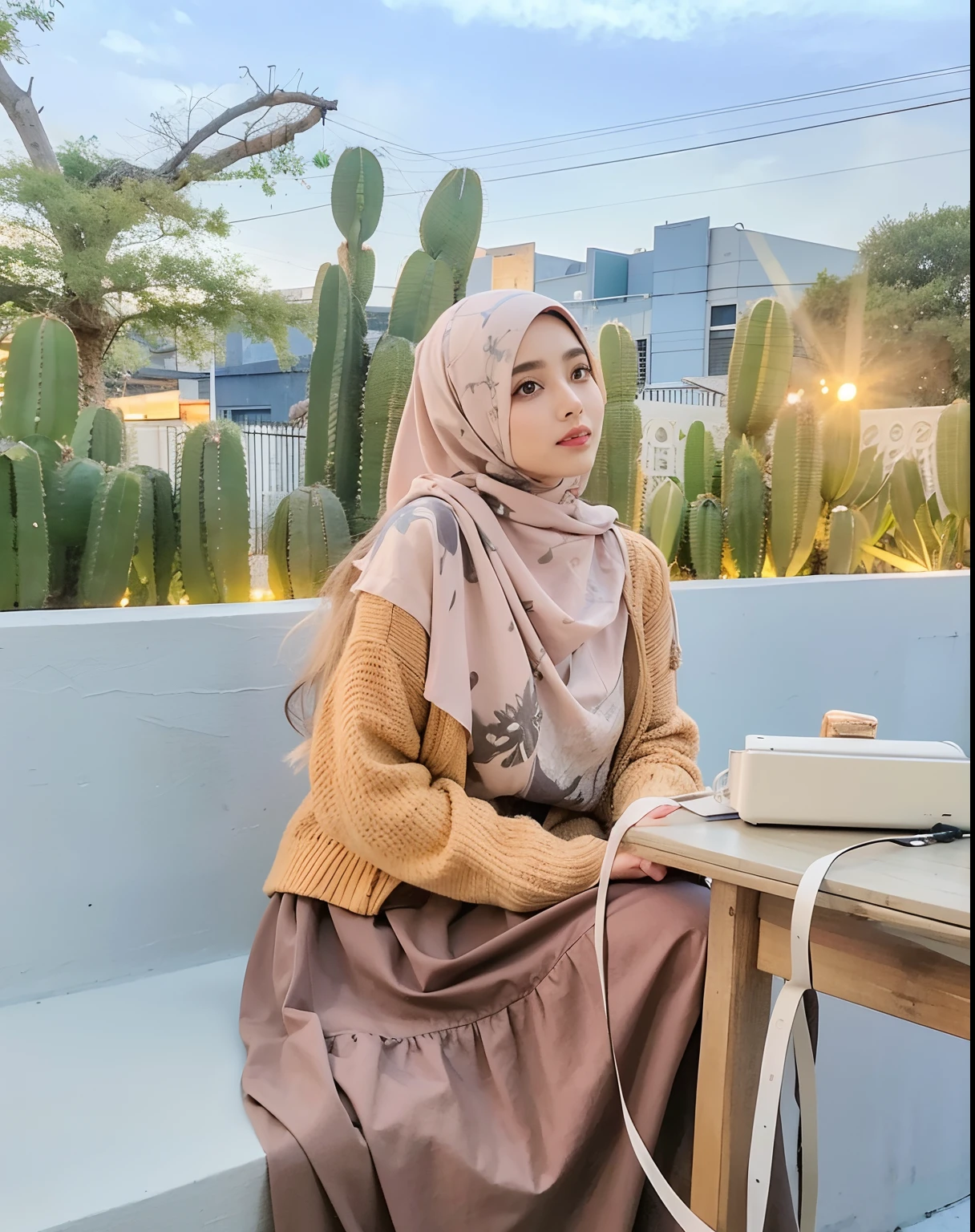 there is a beautifull arabic woman sitting at a table with a hand bag on it, 🤠 using a 🖥, inspired by Ismail Acar, inspired by Nazmi Ziya Güran, inspired by Naza, inspired by Fathi Hassan, inspired by Shaddy Safadi, inspired by Mym Tuma, very beauty, with lovely look, with sunset, an aesthetic!, hijab, aesthetic!!