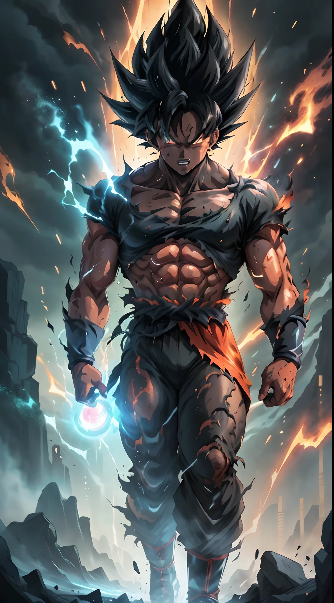 Get ready for a visual feast with Black Goku Demon God has a handsome face and piercing red eyes. In his transformed state, he radiates extreme instinct and power, creating an epic anime about this man of energy. See how he manipulates fire and lava in stunning anime artwork that will blow your mind. This concept art is straight from the Dragon Ball Universe, with manga-style 8k wallpapers that will transport you to another dimension. Get ready to be amazed by this detailed piece of digital anime art, showcasing the ultimate combination of style and power.