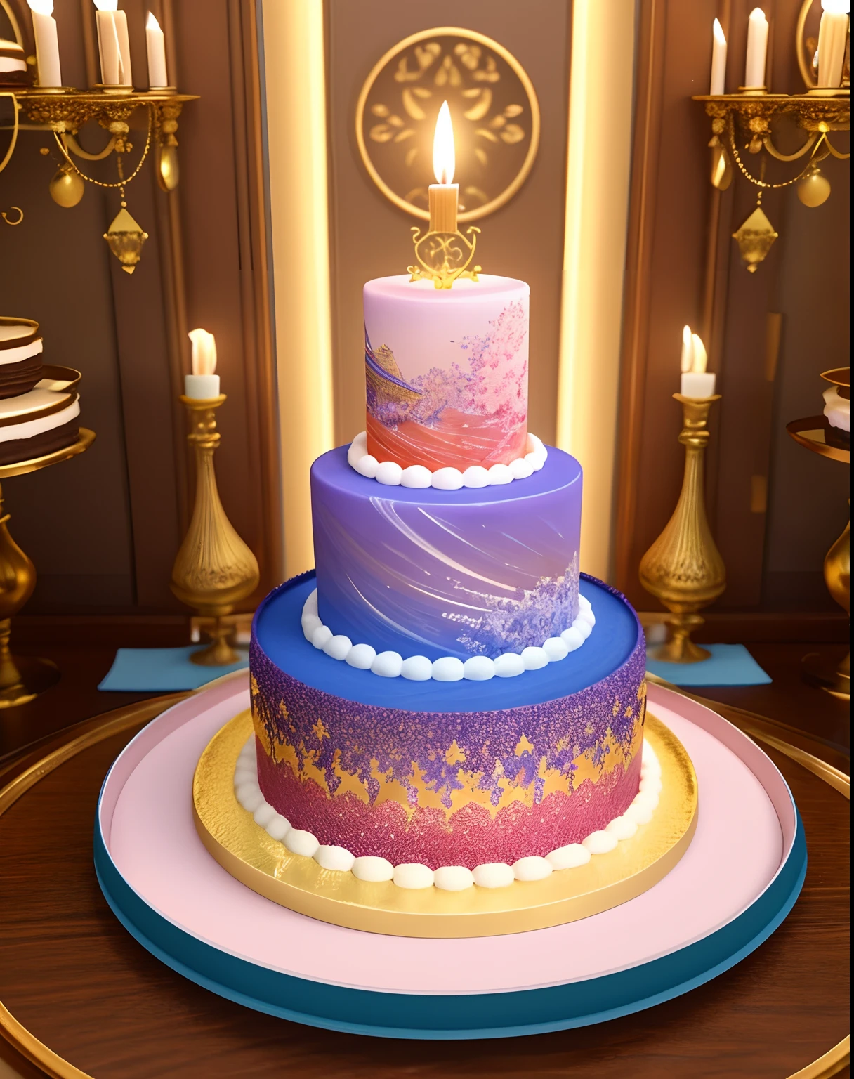 There is a large cake in the shape of a castle，There are a lot of different ingredients on it, A few colorful candles on the cake,There are exquisite sweets and chocolates nearby,Fine cream,detailed flowers,Vivid colors,Sharp focus,Ultra-detailed,A masterpiece of art,professional,rich deep color,Intricate details,Attractive lighting,astrophotography,framed,Centered,symetry，fantasy bakery, Fantasy art Behance, cake art, 3d magical details, Stylized 3 D, 4k highly detailed digital art, 3 d epic illustrations, 4 K detail fantasy, 3 d render stylized, 8K high quality detailed art, fairytale artwork, trend on behance 3 d art