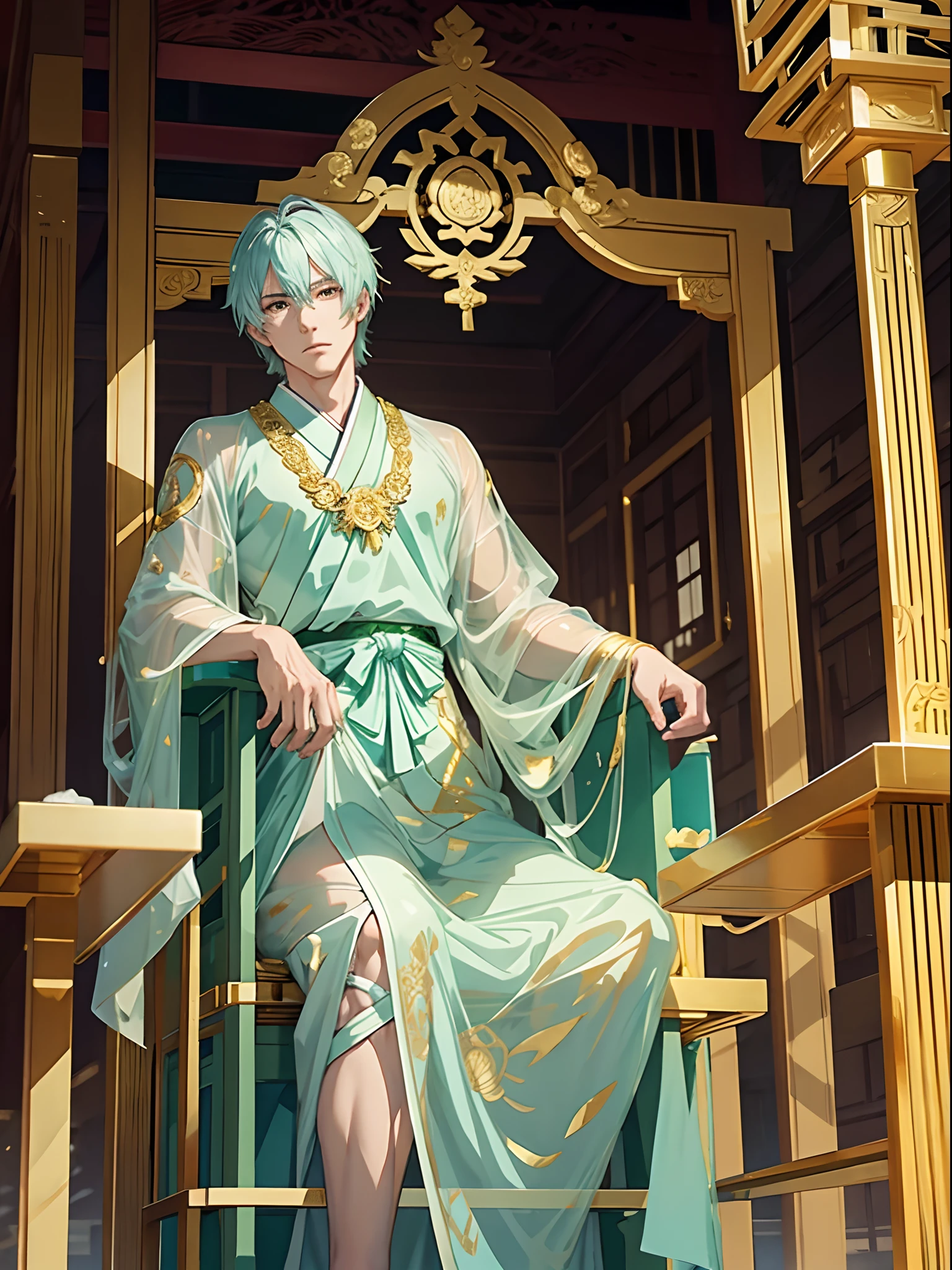 a handsome anime man on the translucent jade throne, beautiful hall in japanese style, gold, intricate carving, marble, translucent, translucent clothes, translucent throne,