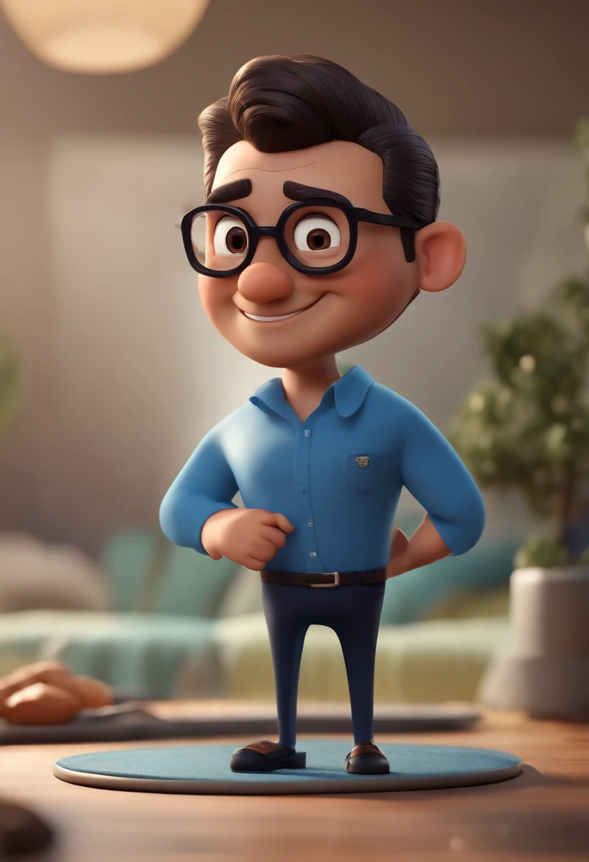 Cartoon character of a man with black glasses and a blue shirt, animation character, Caractere estilizado, animation style rendering, 3D estilizado, Arnold Maya render, 3 d render stylized, toon render keyshot, Personagem 3D, Personagem 3D, 3d rendering stylized, 3 d character render, personagem de desenho animado, Personagem de close up, Pose de personagem, (Estilo Pixar) (master part:1.2) (Bokeh) (best quality) (pele detalhada) (textura detalhada) (8k) (argila) (Cinematic lighting) (foco nítido