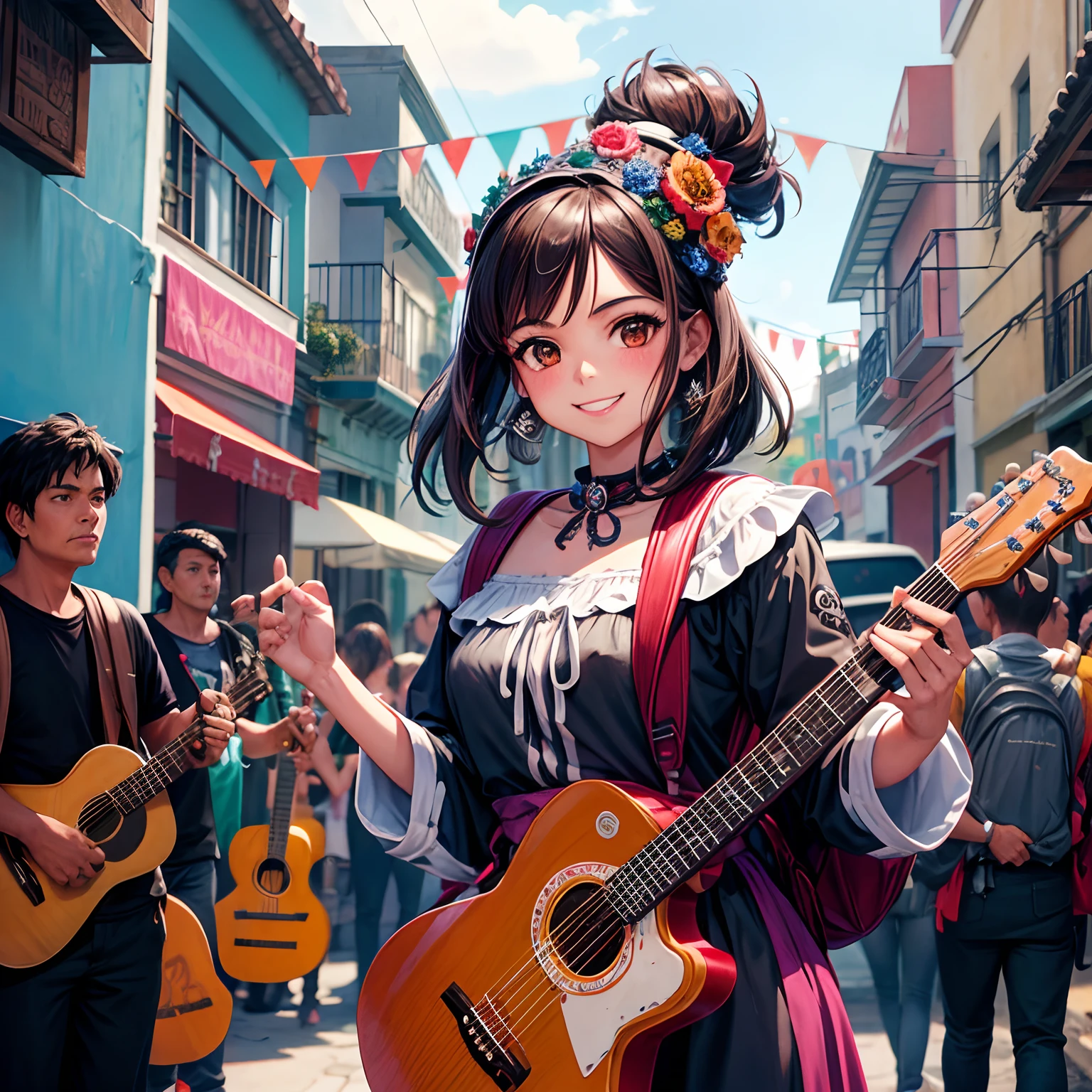 ILustracao no estilo anime, Mexican brunette woman smiling in Mexico village with backpack arriving for party Dia De Los Muertos with Bodý Paint Skull face Santa Muerte painted as skull, We see Mariate musicians playing guitar in the streets crowded with people with Dia de los Muertos decorations