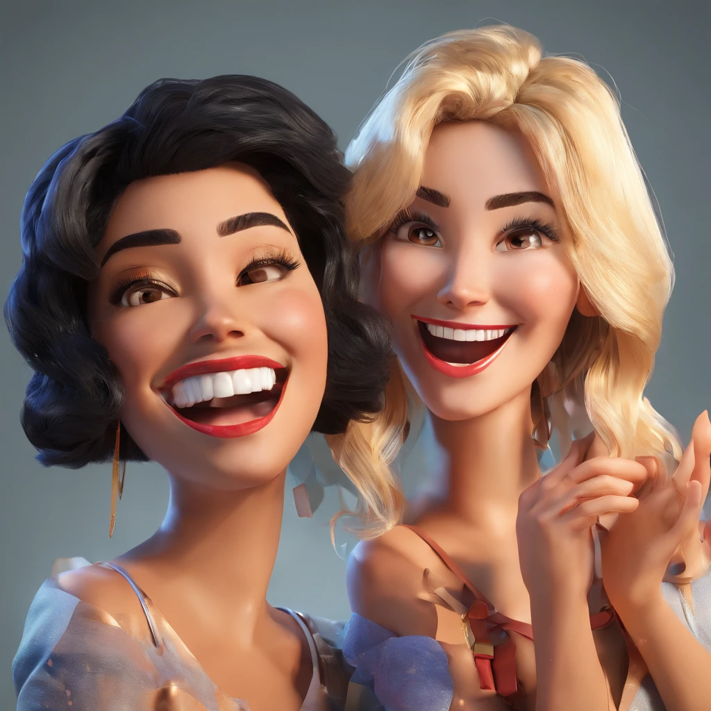 Leticia with her medium wavy black hair and her best friend with short blonde hair happy laughing