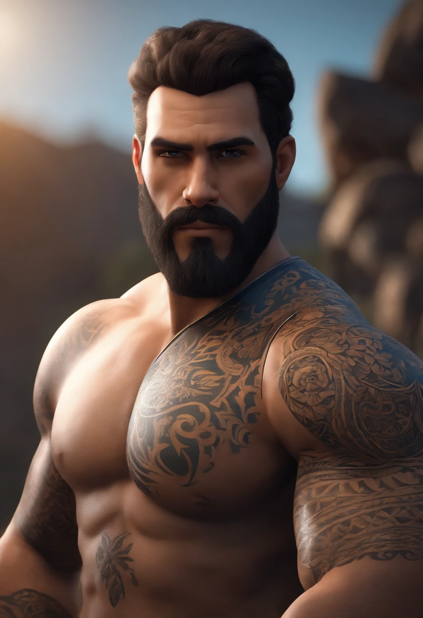 Personagem dos desenhos animados de um homem branco , cabelo careca, barba comprida loiro escuro e uma camisa azul claro, Maori tattoo on right arm, animation character, Caractere estilizado, animation style rendering, 3D estilizado, Arnold Maya render, 3 d render stylized, toon render keyshot, Personagem 3D, Personagem 3D, 3d rendering stylized, 3 d character render, personagem de desenho animado, Personagem de close up, Pose de personagem, (Estilo Pixar) (master part:1.2) (Bokeh) (best quality) (pele detalhada) (textura detalhada) (8k) (argila) (Cinematic lighting) (foco nítido