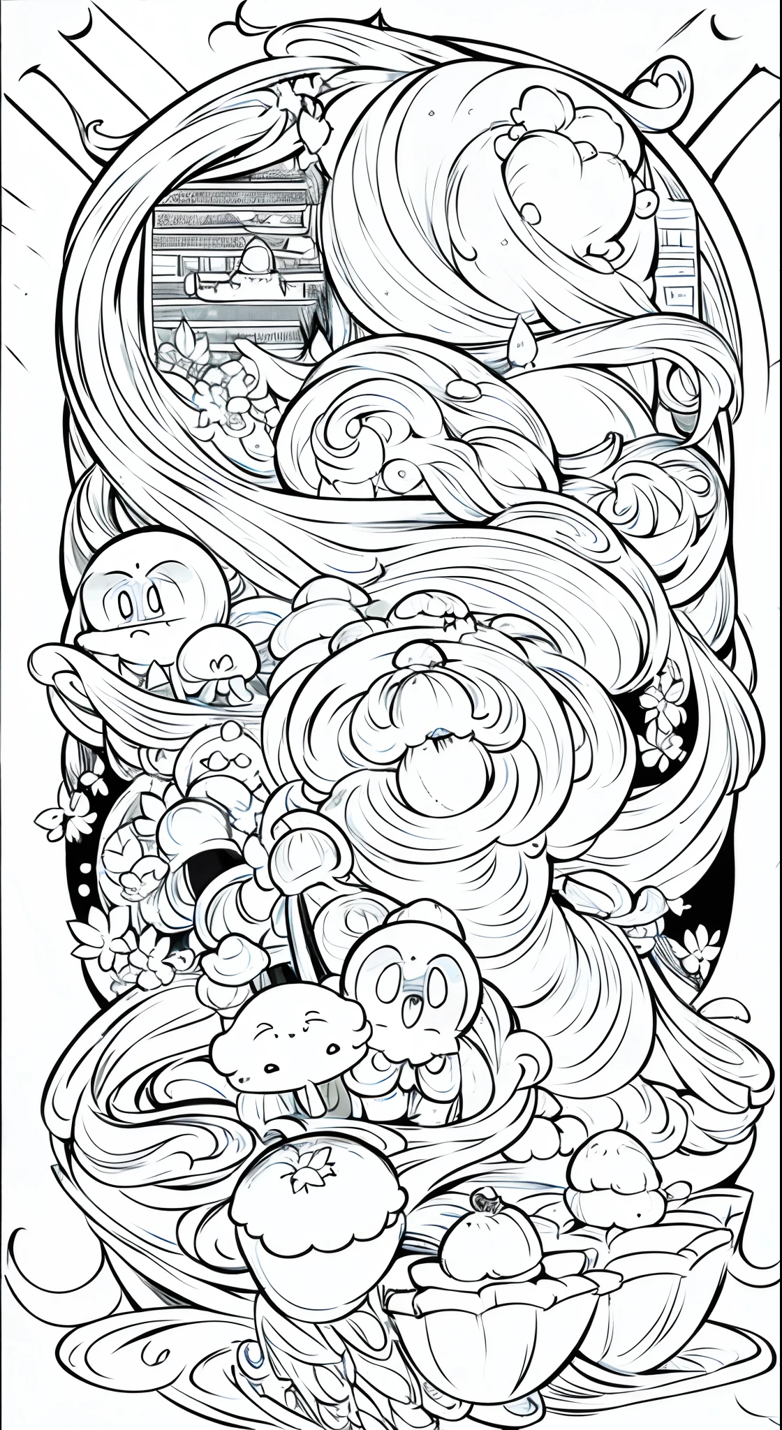 Estilo de tatuagem,arte de linha,super mario,Yoshi,super estrela,Super Mario Blocks,Flor de Fogo,Super Mario Mushrooms,Goomba,Na caverna,Plantas de Piranha,Tinta,lines sharp,Bold and clean composition,alto contraste,dinamic poses,nostalgic atmosphere,playful expressions,Personagens interagindo,Adventurous scenery