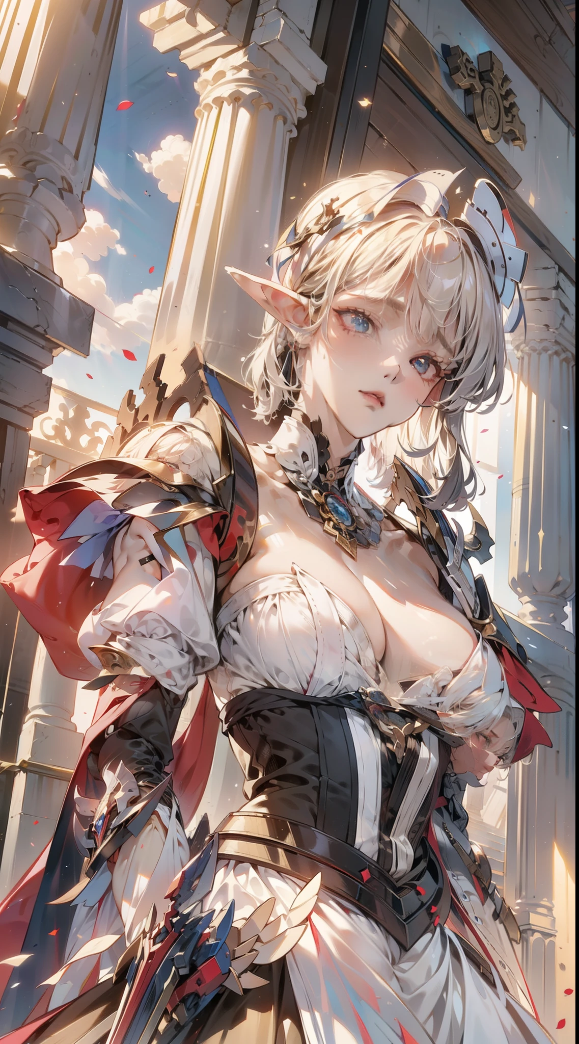 A female elf hunter sits on a stone staircase in front of an ancient temple. ((Victoria black maid dress)), with ((Full of gauntlet on her right hand)), Very detailed illustration of an a beautiful Extremely cute elf race face with ((short white blonde hair)), asymmetrical bangs, insanely detailed face and eyes, Perfect lips, ((perfect body)), ((medium breast)), ((holds a long bow in her right hand)), ((angle from below)), the blue sky behind her, dramatic, cinematic lighting, fine expression, fine detail, fantasy art, illustration, masterpiece, digital art, drawing, in the style of Yusuke Murata.