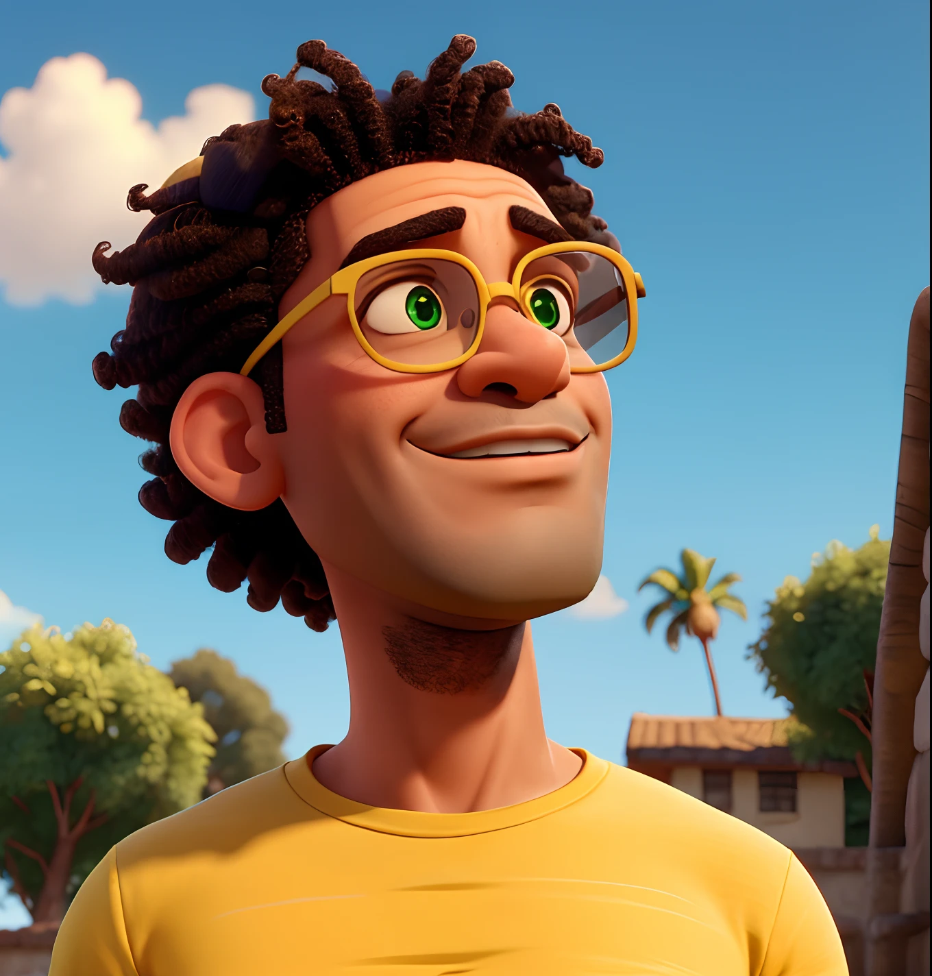 Homem afro americano, careca,com barba, with glasses with yellow lens, With green t-shirt looking up blue sky with star