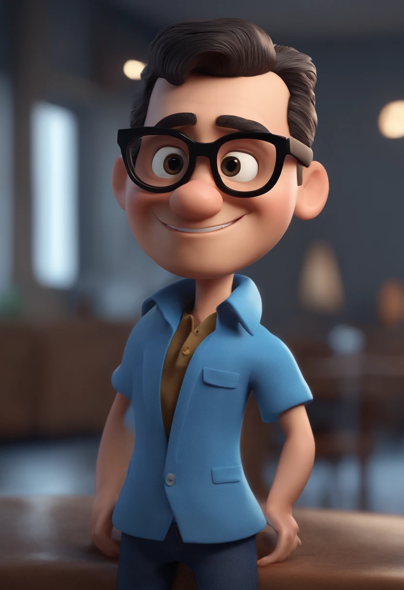 Cartoon character of a man with black glasses and a blue shirt, animation character, Caractere estilizado, animation style rendering, 3D estilizado, Arnold Maya render, 3 d render stylized, toon render keyshot, Personagem 3D, Personagem 3D, 3d rendering stylized, 3 d character render, personagem de desenho animado, Personagem de close up, Pose de personagem,  (Estilo Pixar) (master part:1.2) (Bokeh) (best quality) (pele detalhada) (textura detalhada) (8k) (argila) (Cinematic lighting) (foco nítido