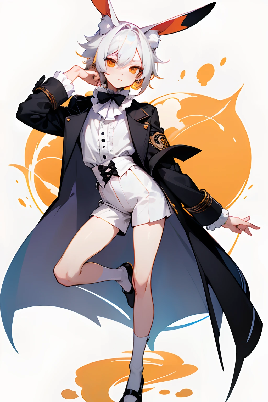 masutepiece, Perfect face, Best Quality, Highest Quality, 1boy, male character, Short hair,  White hair, Orange eyes, Waist-length hair creepy, yami kawaii, Bunny ears, White lace shirt, Peter Pan collar, White skin, Bow around the neck, detailed lace, Original Character, Detailed design, unique designs, eye bags, Under the eye bag, Under the eyelashes, twinks, skinny, Full body drawing, commission, Adoptable, White outfit, full bodyesbian, Spooky cute, Wearing shorts, Wearing a coat, short coat, All-white costumes, male character, Anime Boy, White background, Empty background, Full body, Loose ruffled shirt, Dark eyes, Slim hands, One character、 Bunny ears, Rabbit ears, Immaculate costume, Pure white skin, Unnaturally white skin, White skin color, albino, Shorts, Wear loose-fitting shorts, Shota,  fluffy hair, Ruffled Socks, Slim legs, Splash Art, Gacha Splash, Pure white skin, waist-length hair, fluffy hair, 4K, hard disk, Perfect drawing, Short shorts, capricious, Cute, Warm colors, Skinny Legs, smug, Rose gold badge on coat