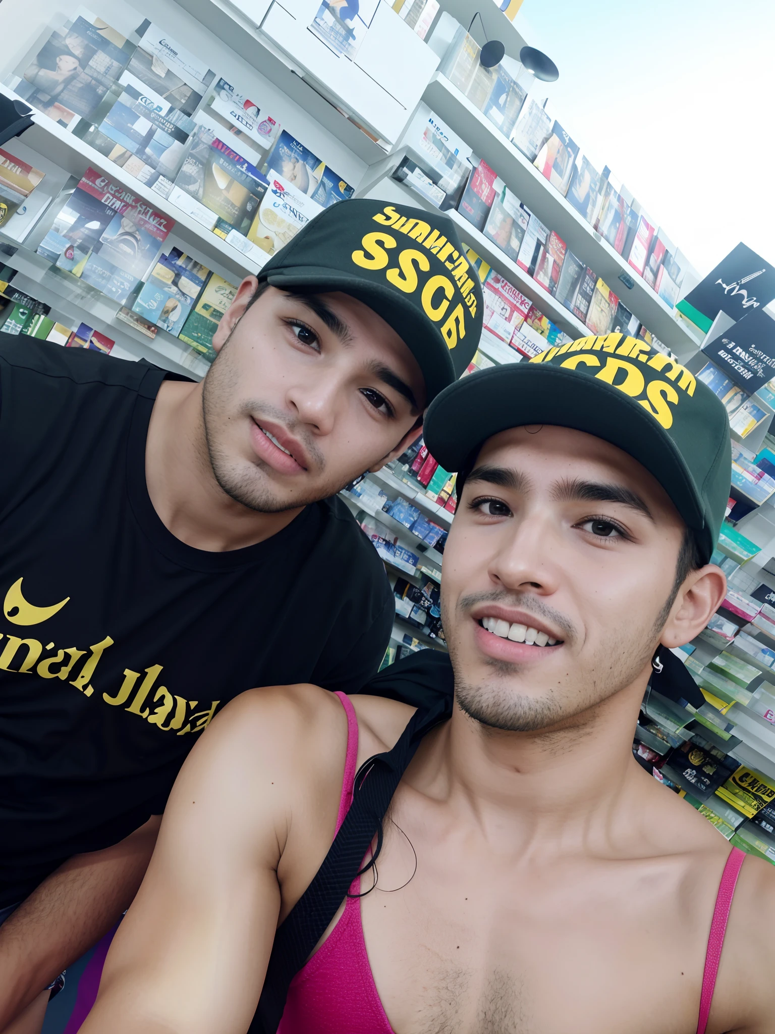 They're in a store with a bunch of stuff on the shelves, Nilo, por Julius como se, Dan dos Santos, Directed by: Willian Murai, david rios ferreira, Directed by: Nandor Soldier, gostoso, sousaphones, Torne-se profissional, Foto realista, Directed by: Samuel Silva, adreas rocha