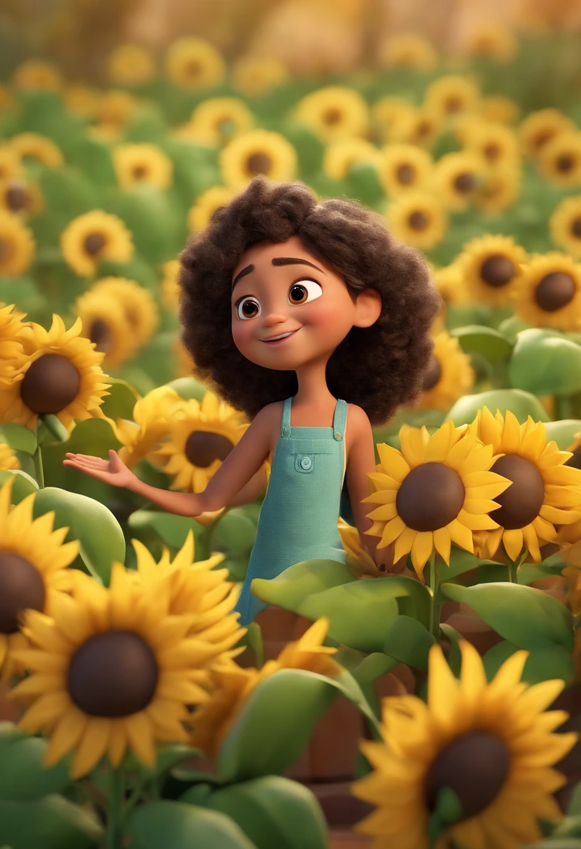 Create a Disney PIXAR-style 3D poster. ((centro da imagem, Triplets)), ((3 )) ((1 menino no meio e 2 meninas ao lado, They're hugging each other, O menino tem pele castanha e cabelos castanhos escuros e olhos castanhos escuros, 1 menina tem pele clara, olhos e cabelos escuros e cacheados, e a outra menina tem pele morena, olhos escuros e cabelos escuros e lisos)) ((tudo isso no estilo Disney PIXAR 3D, In the background, A house of sunflowers, Gloria Studio, The garden is full of nature 3D render RTX clay material, estilo de design cartunesco, POP Mart, soft lighting, linhas suaves, Spring tilt, Detailed illustrations of PIXAR 3D, Detalhes hiper-realistas, cor quente no estilo Disney PIXAR 3D))