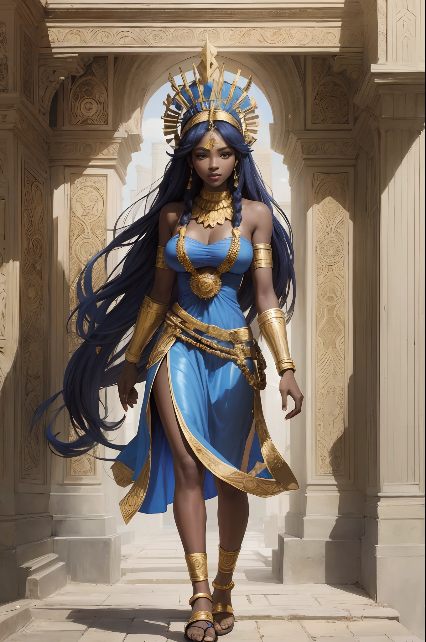 African priestess wearing a headdress wearing a blue dress and wearing leather sandals comic book style --auto --s2