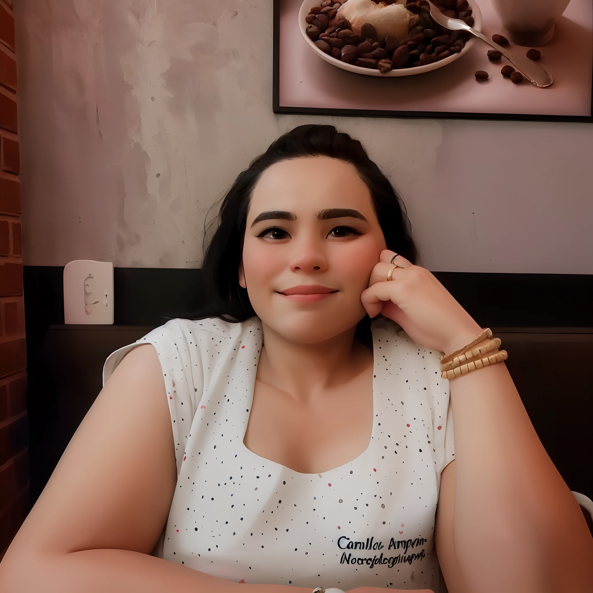foto do perfil, rosto bonito, sorrindo, Long black hair back, Left hand resting on cheek,  mulher branca, camisa escrito Camila Amorim e com bolinhas bem pequenas coloridas, em baixo Neuropsicopedagoga, behind a wall with decorations, This one with a ring on his left hand and two bracelets, cabelo preto, The back also has a white eraser that can be removed. At the top of the wall is a picture with a plate full of coffee beans, a golden spoon on top and a piece of white chicará making eyeshadow, On the right side is a small piece of brick wall