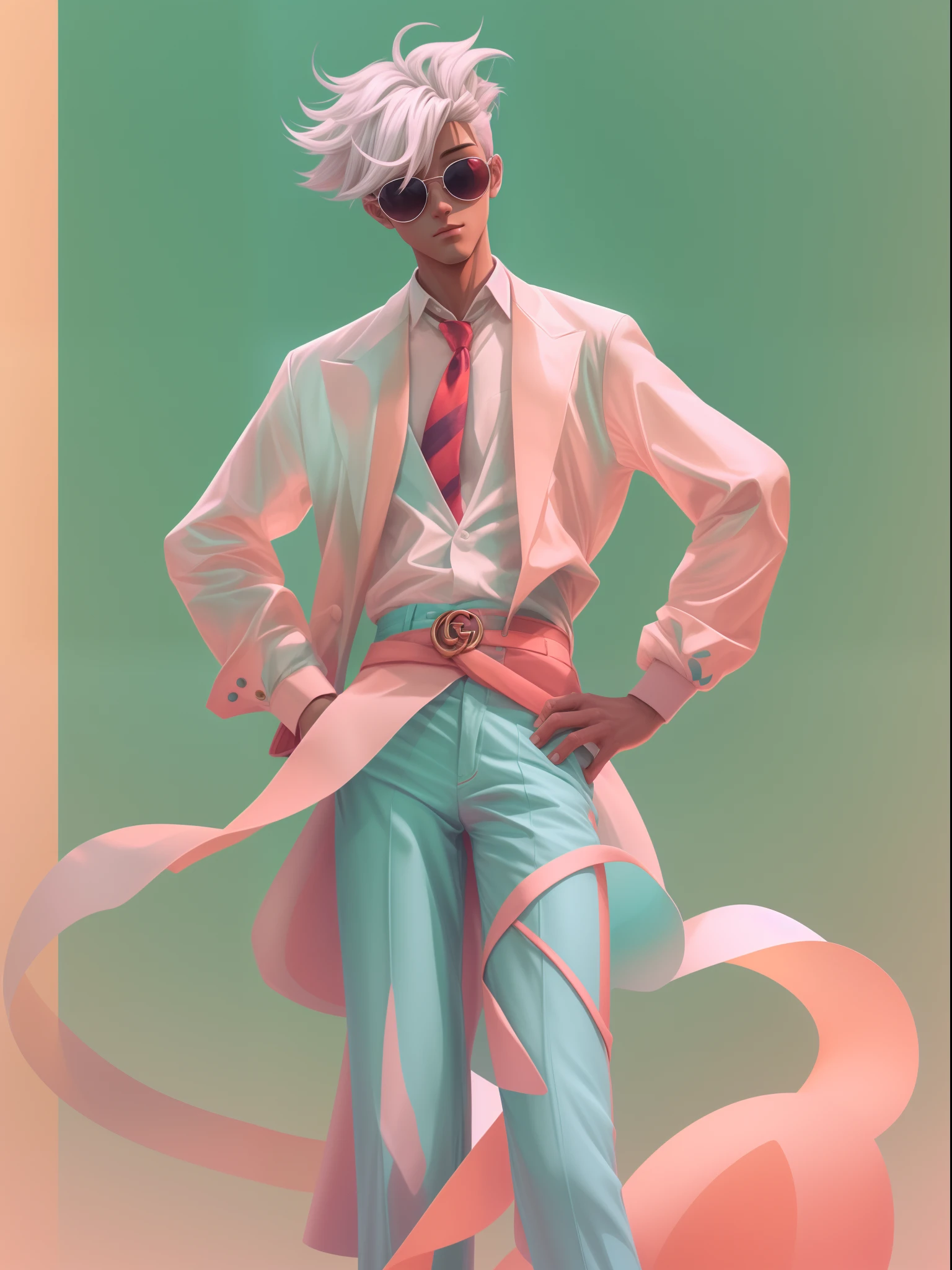 a man, in a dynamic pose wearing an expensive and fashionable outfit, designed by Gucci::3, tumblr, inspired by Yanjun Cheng style, digital art, internet boy lofi meme, trend in dezeen, catalog photo, 3 d render beeple, rhads and lois van baarle, cartoon style illustration, bright pastel colors, a beautiful art illustration, retro anime boy --ar 3:4 --q 2