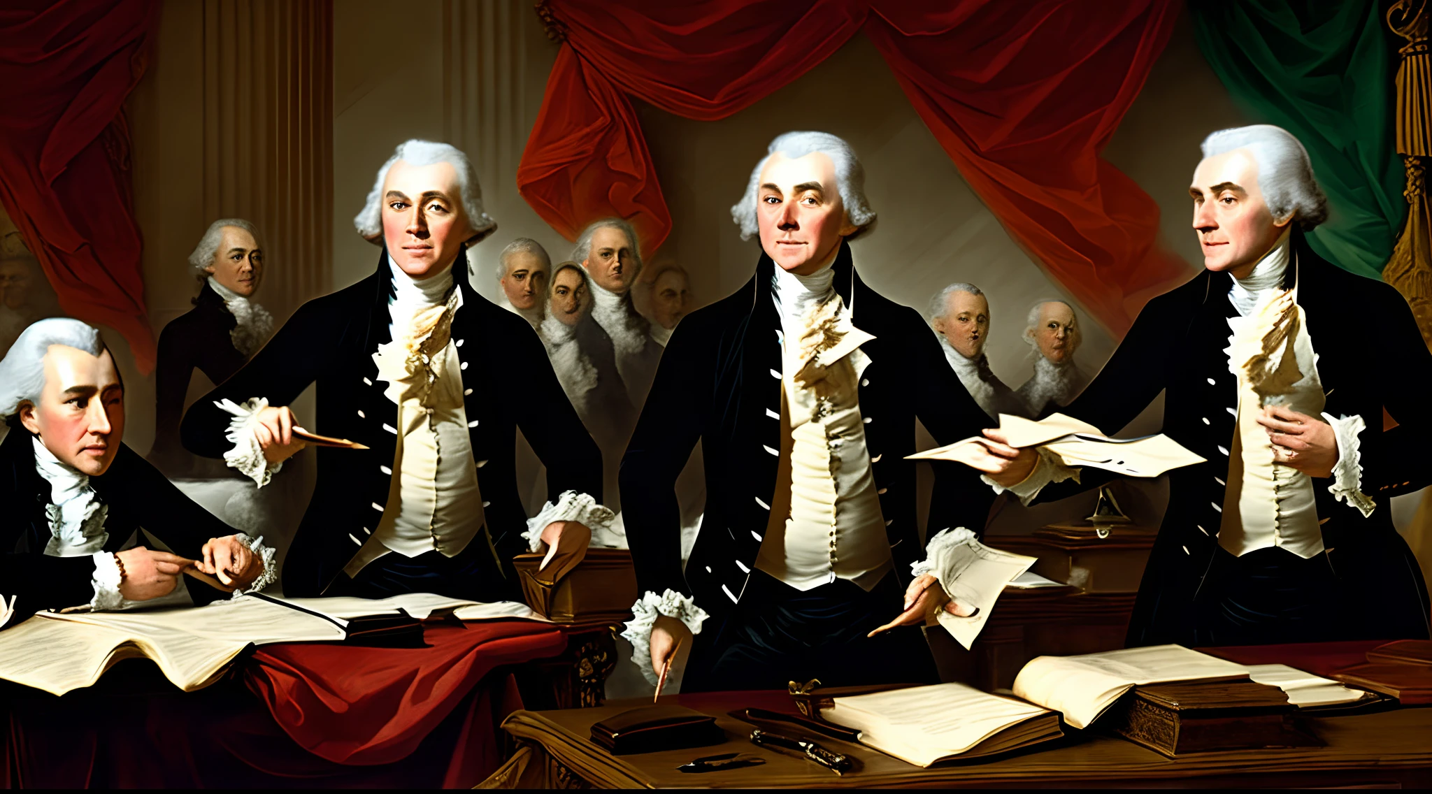 Alexander hamilton and thomas jefferson fighting each other with constitutions