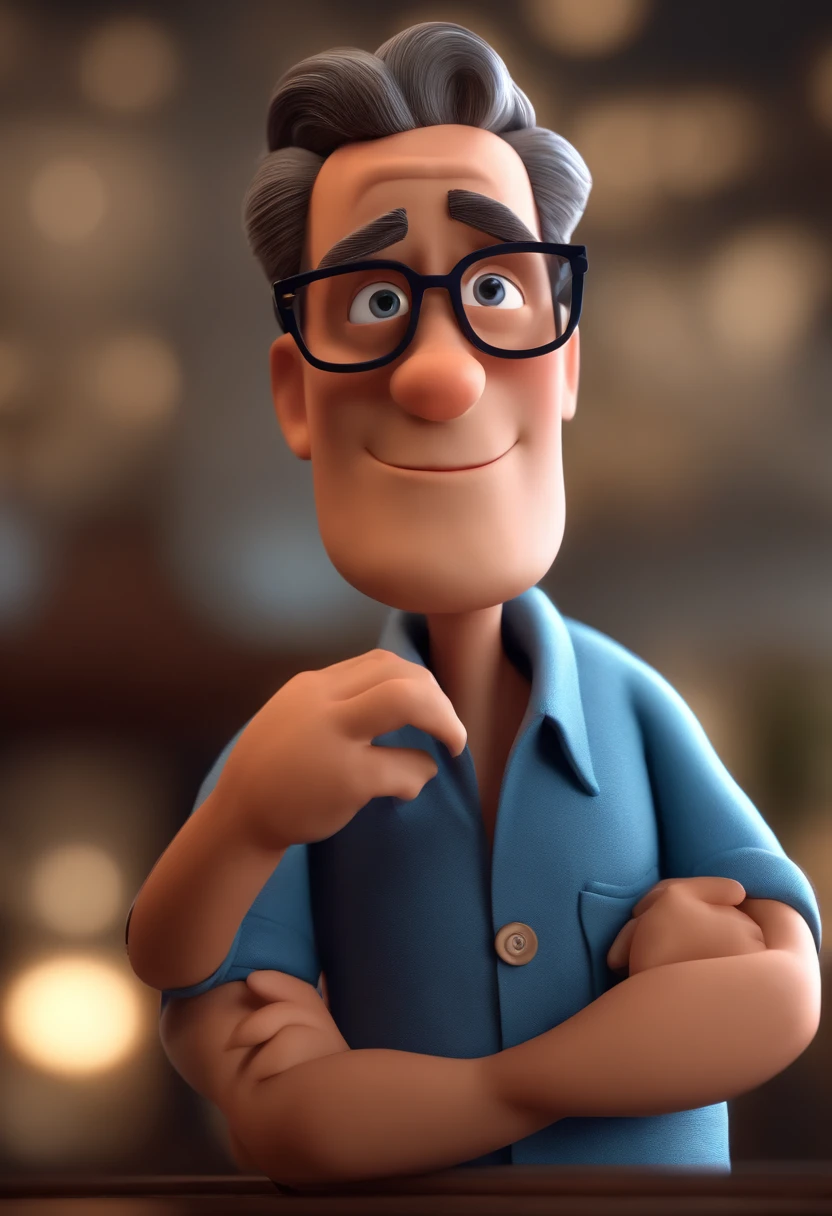 Cartoon character of a man with black glasses and a blue shirt, animation character, Caractere estilizado, animation style rendering, 3D estilizado, Arnold Maya render, 3 d render stylized, toon render keyshot, Personagem 3D, Personagem 3D, 3d rendering stylized, 3 d character render, personagem de desenho animado, Personagem de close up, Pose de personagem, (Estilo Pixar) (master part:1.2) (Bokeh) (best quality) (pele detalhada) (textura detalhada) (8k) (argila) (Cinematic lighting) (foco nítido