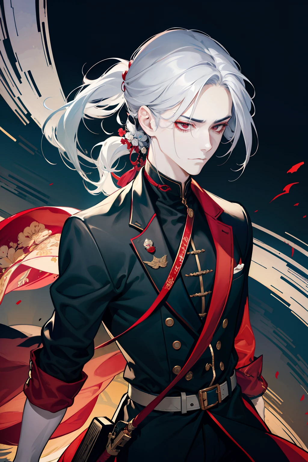(Humorous, high resolution, ultra-detailed), 1 adult male with a handsome appearance. He has waist-length silver hair tied in a high ponytail, and a tuft of red hair on the left side of his forehead. His eyes are blood red, and he has an Eastern facial structure. He has a hot-tempered and fierce gaze, with a cautious personality. His mouth has a merciless expression, indicating a tendency towards violence.