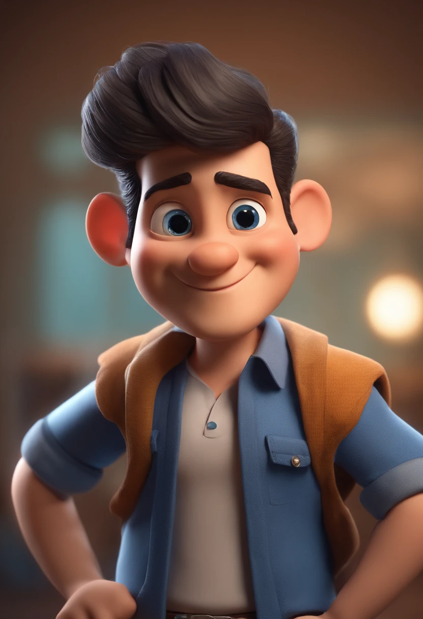 Personagem de desenho animado de um homem, uma camisa azul, um personagem animado, Caractere estilizado, animation style rendering, 3D estilizado, Arnold Maya render, 3 d render stylized, toon render keyshot, Personagem 3D, Personagem 3D, 3d rendering stylized, 3 d character render, personagem de desenho animado, Personagem de close up, Pose de personagem, (Estilo Pixar) (master part:1.2) (Bokeh) (best quality) (pele detalhada) (textura detalhada) (8k) (argila) (Cinematic lighting) (foco nítido,Senta e vaza a parte superior do corpo