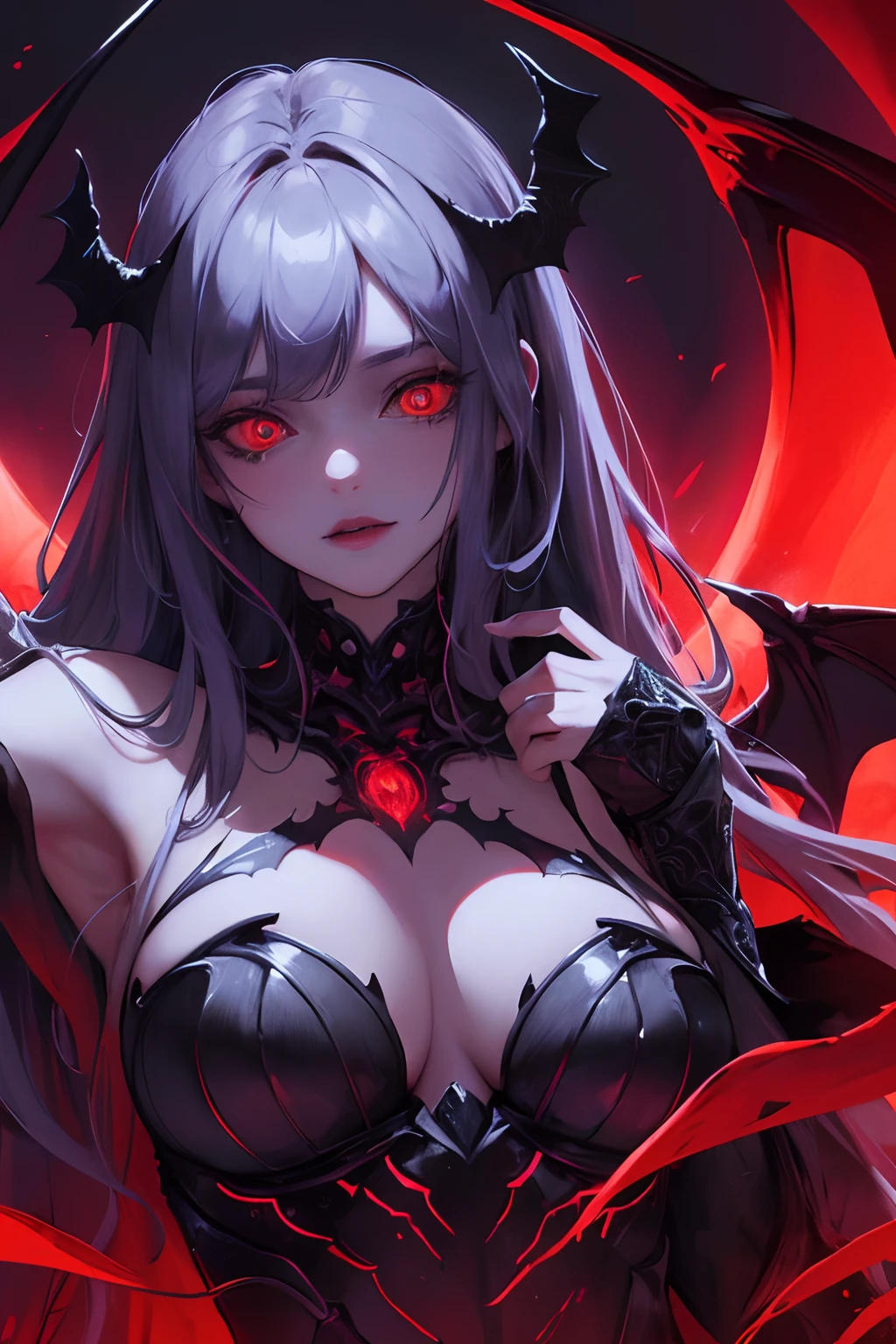 Fine, (Best Illustration), 8k Resolution, Intricate Details, Best Quality, Realistic, Ultra Detailed, Best Lighting, Best Shadows, Ultra HD, A Necromancer, Night, Magic, Dark Style, Demon Queen, Bat wings, red glowing eyes