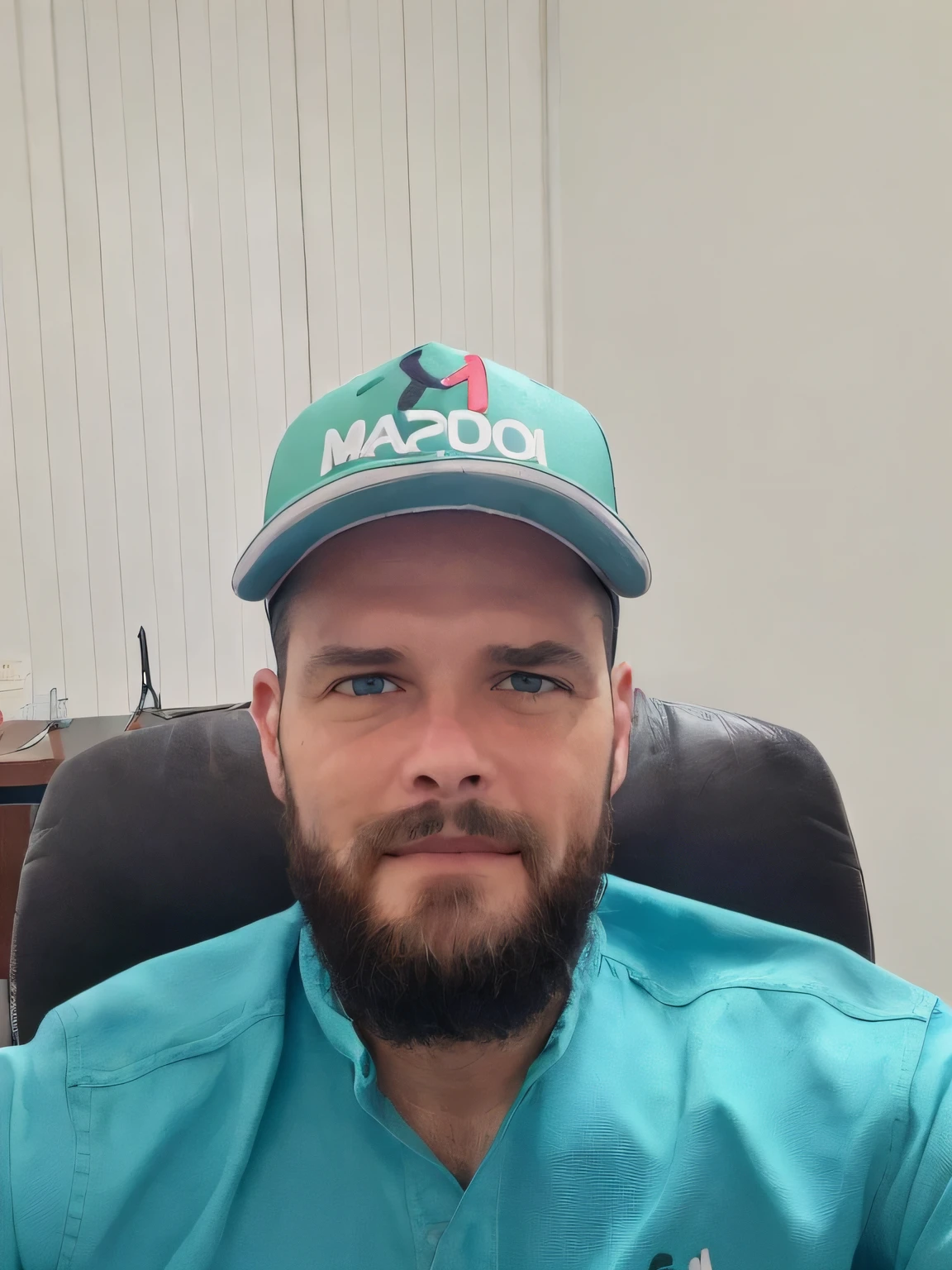 homem sentado em uma cadeira de escritorio com uma camisa verde agua e bone cor da pele branco com barba
