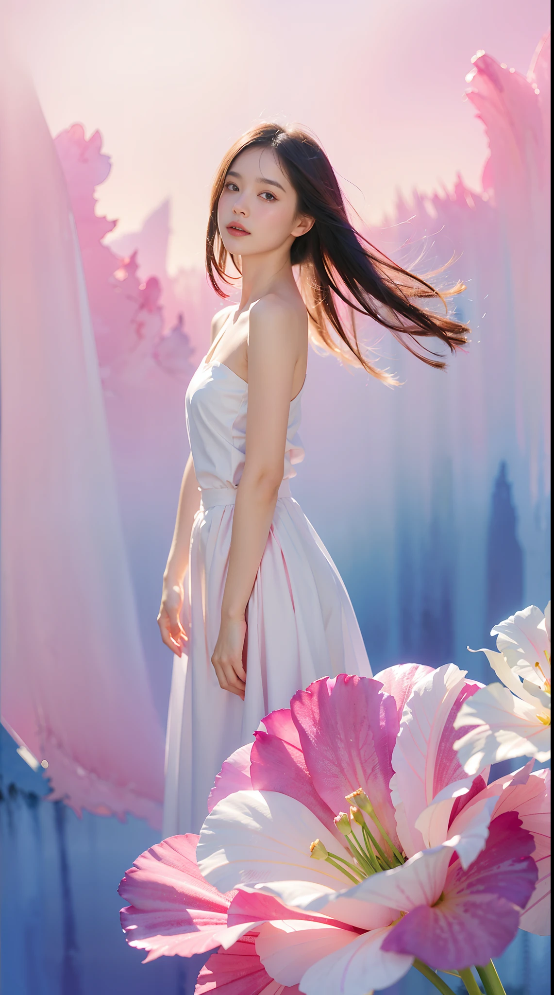 1girl,flower, Lisianthus ,in the style of light pink and light azure, dreamy and romantic compositions, pale pink, ethereal foliage, playful arrangements,fantasy, high contrast, ink strokes, explosions, over exposure, purple and red tone impression , abstract, ((watercolor painting by John Berkey and Jeremy Mann )) brush strokes, negative space,