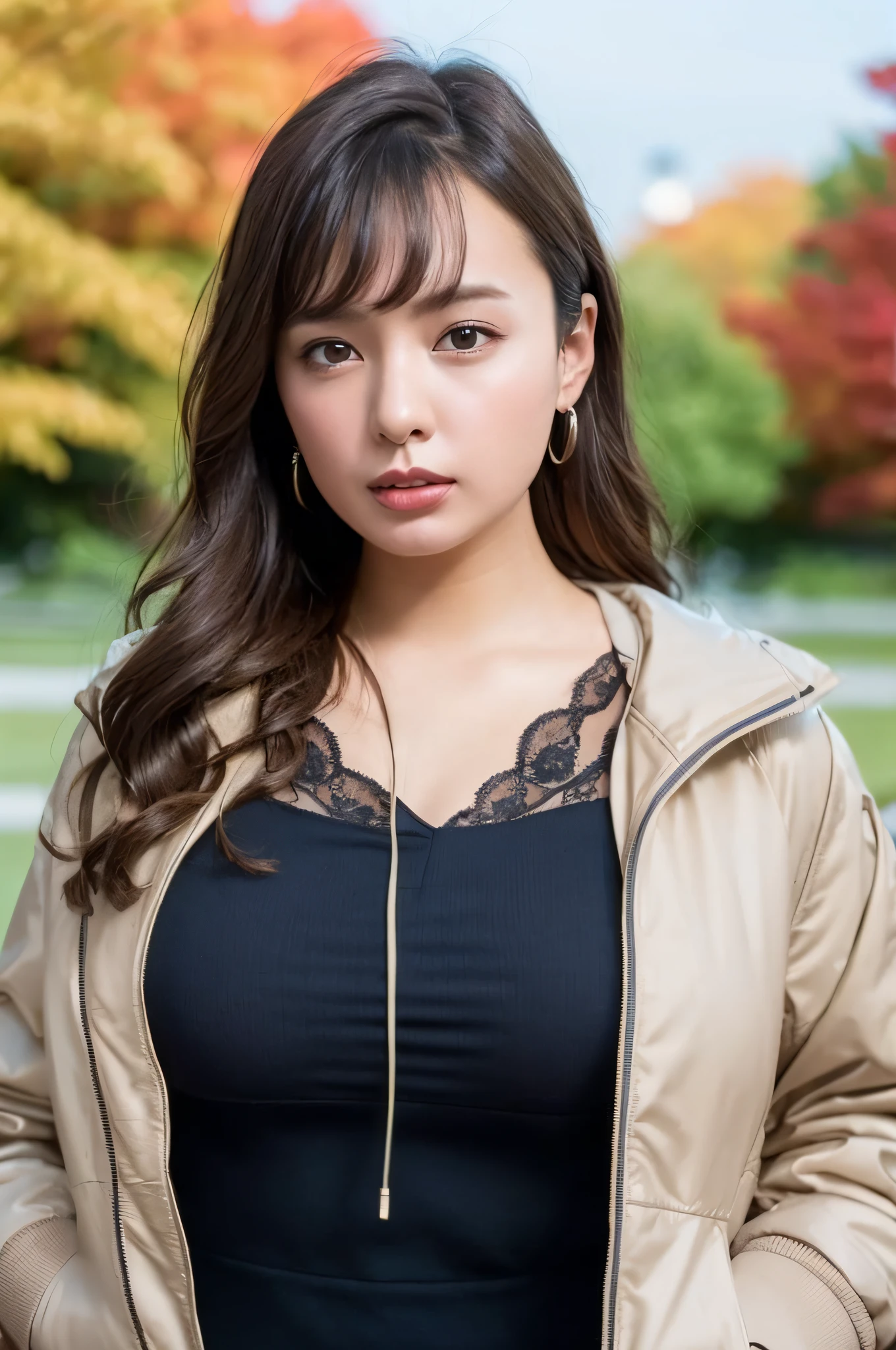 1girl,(wearing an a collared blouse and long jacket:1.2),(RAW photo, best quality), (realistic, photo-realistic:1.4), masterpiece, an extremely delicate and beautiful, extremely detailed, 2k wallpaper, Amazing, finely detail, extremely detailed CG unity 8k wallpaper, ultra-detailed, highres, soft light, beautiful detailed girl, extremely detailed eyes and face, beautiful detailed nose, beautiful detailed eyes,cinematic lighting,city lights at night,autumn scenery,maple leaves in autumn,in a park,park light,perfect anatomy,slender body,bokeh