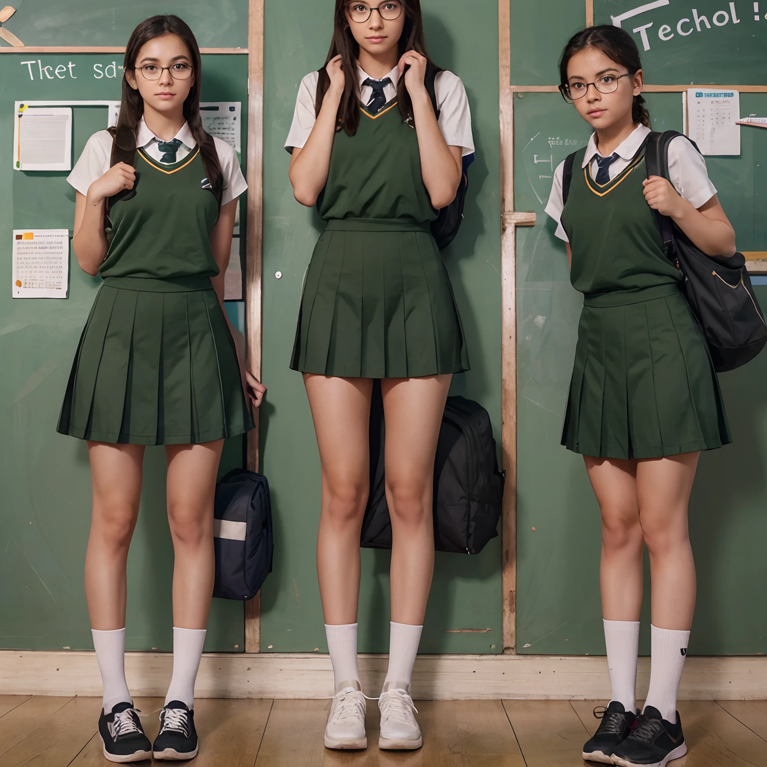 school female teacher, has full body, wears eye glasses, stood, hanging her books, there are tow school girls and two boys are standing afront of her hanging their school bags, full green screen background, 3D digital art