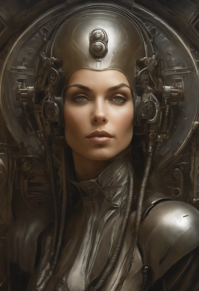 face feminina, female, A rugged young engineer with cybernetic enhancements, intrincado, elegante, altamente detalhado, pintura digital, art-station, arte conceitual, liso, foco nítido, illustration, Arte de H R Giger e Greg Rutkowski e Alphonse Mucha, beautiful dramatic lighting