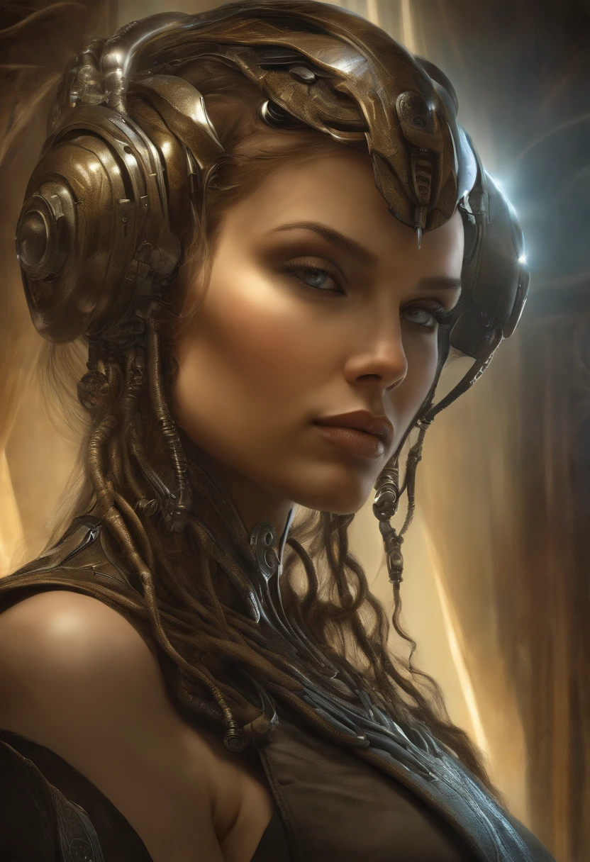 face feminina, female, A rugged young engineer with cybernetic enhancements, intrincado, elegante, altamente detalhado, pintura digital, art-station, arte conceitual, liso, foco nítido, illustration, Arte de H R Giger e Greg Rutkowski e Alphonse Mucha, beautiful dramatic lighting