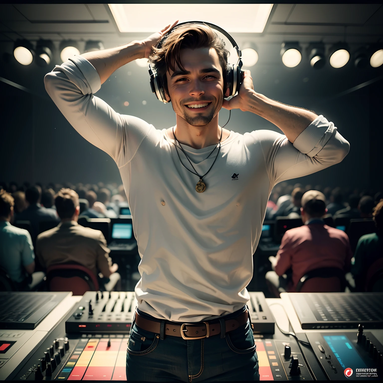 a male dj plays on the dj's desk scratching vinyls on the sound board, headphones on the head, RAW, photography, (masterpiece) a full-body portrait of a beautiful 40-year-old European man, no beard, short light brown hair, shiny hair, smiling, happy face, detailed facial features, vibrating with music, beautiful sir, fit body,  wearing white shirt and jeans, warm colors, modeling photography, ((hyperrealistic)), (skin pores), highly detailed, sharp focus, 8K, ultra quality, UHD, crystal clear, (((incredibly beautiful)), extremely detailed, highly detailed skin, cinematic lighting, wide angle, photorealistic, amazing fine details, kodak, Canon 5d, rich colors, realistic texture, dramatic lighting, dynamic composition