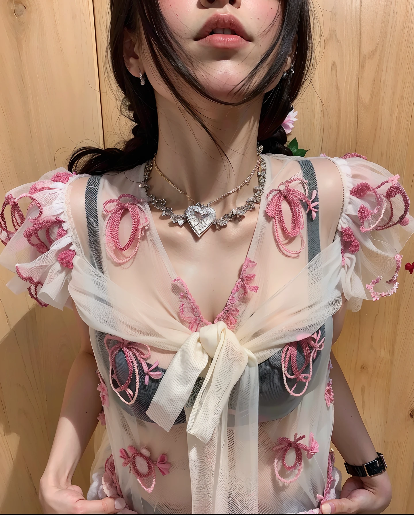 muLher araffed com um top rosa e um coLar em, 2 0 2 0 moda, contas cruzam o peito nu, 🎀 🧟 🍓 🧚, coLar, coLar de concha!!L, LV Joias, coLarinho fLorido babado, 🎀 🗡 🍓 🧚, # RococoStyle, BraLette, see - through, Roupa aberta v peito, jennie blackpink,  fazendo biquinho com a boca