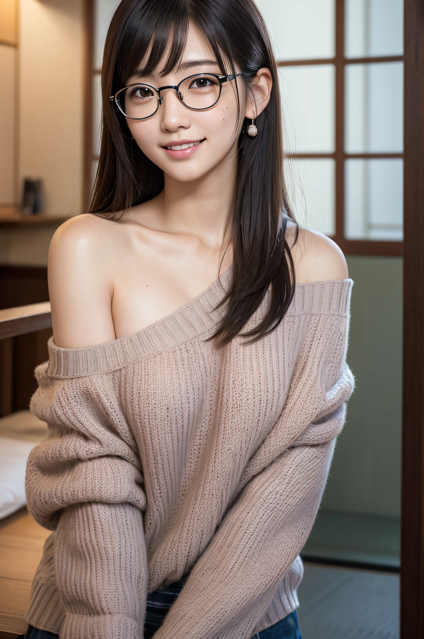 ((japanaese girl)), 8K, Raw photo, Best Quality, ultra-detailliert, Ultra High Resolution, Realistic, photographrealistic, high-definition RAW color photography, professional photograpy, Extremely detailed, 8K Wallpaper, amazing, finely detail, Huge file size, extra detailed face, extremely detailed eye, highlydetailed skin, extremely detailed fingers, highly detailed nose, highly detail mouth, Perfect Anatomy, Highly detailed background, Realistic body, Good figure, blown hair, (Medium Hair), Cute face, Photography, (Happy smile), Perfect Skin, Perfect Anatomy, Large breasts, (Round glasses), (Off-the-shoulder knit), (Mole), ((atami)), high-angle shot, swept bangs, Full body shot,
